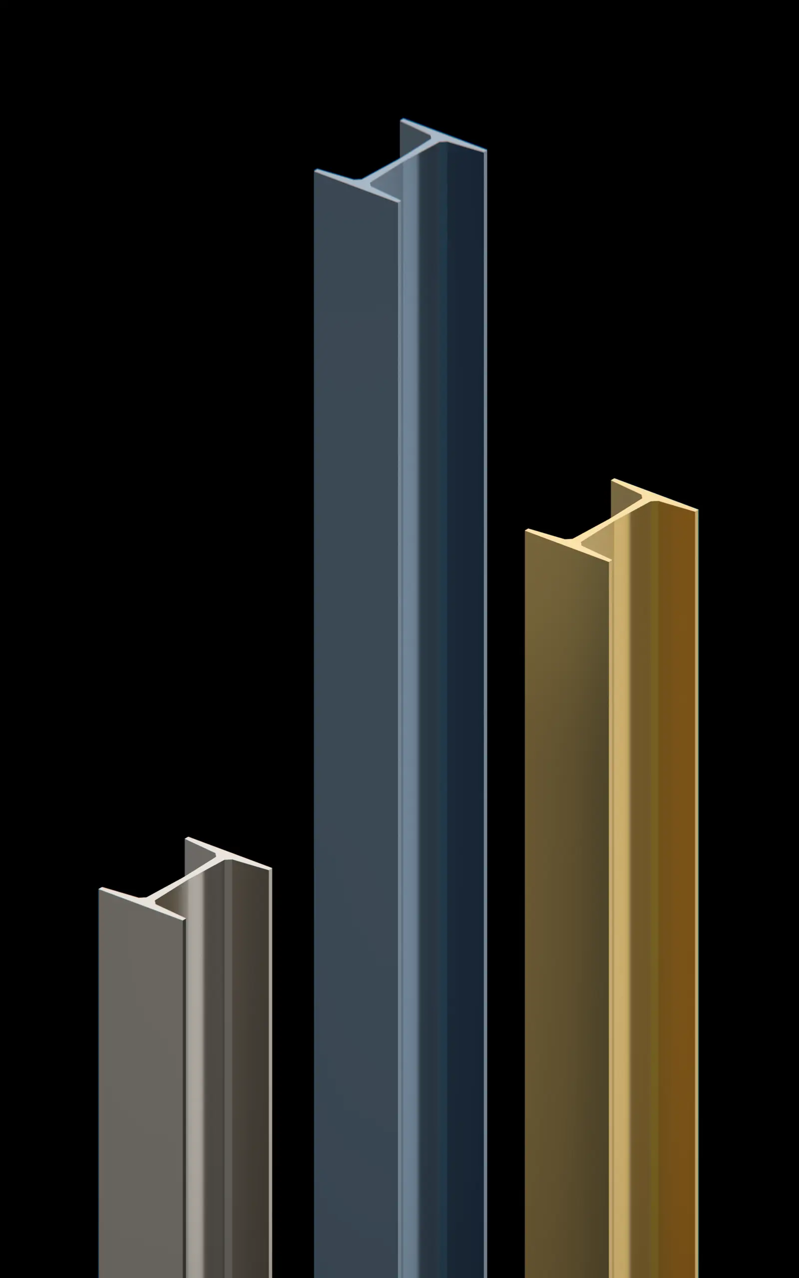 A row of tall coloured stone slabs standing against black, each a different finish