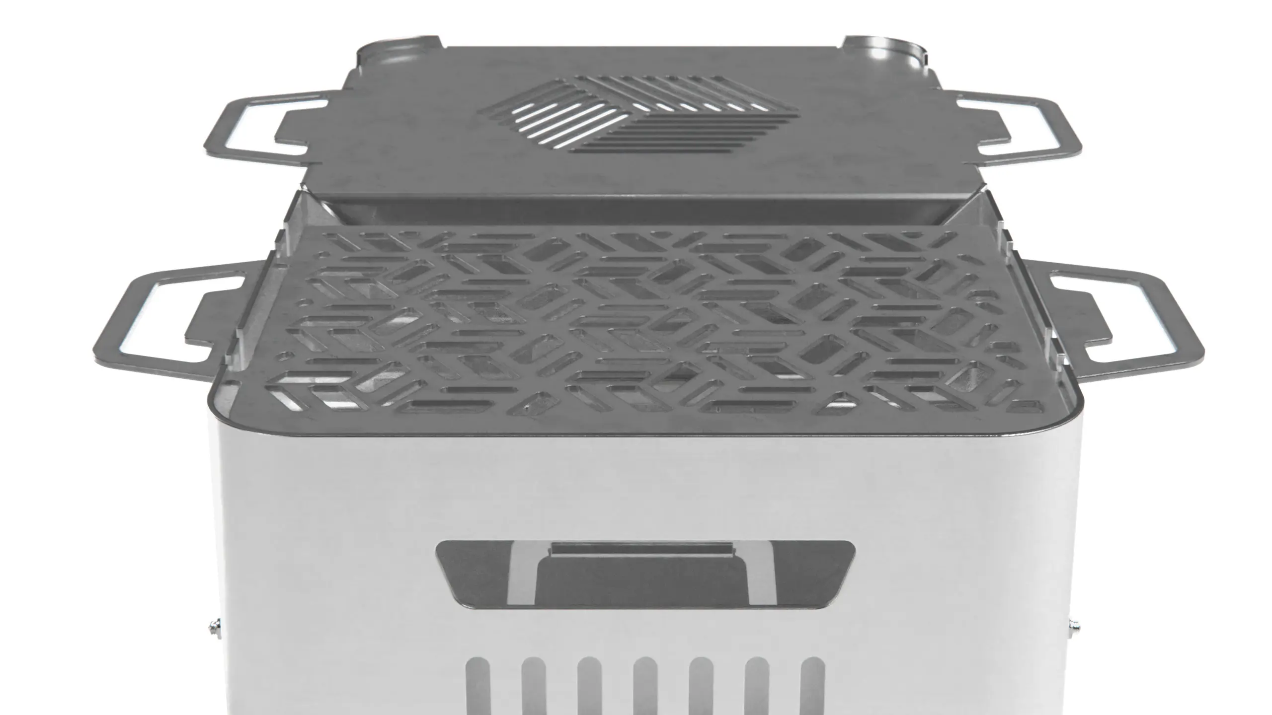 Side elevation render of the barbecue with the handle raised
