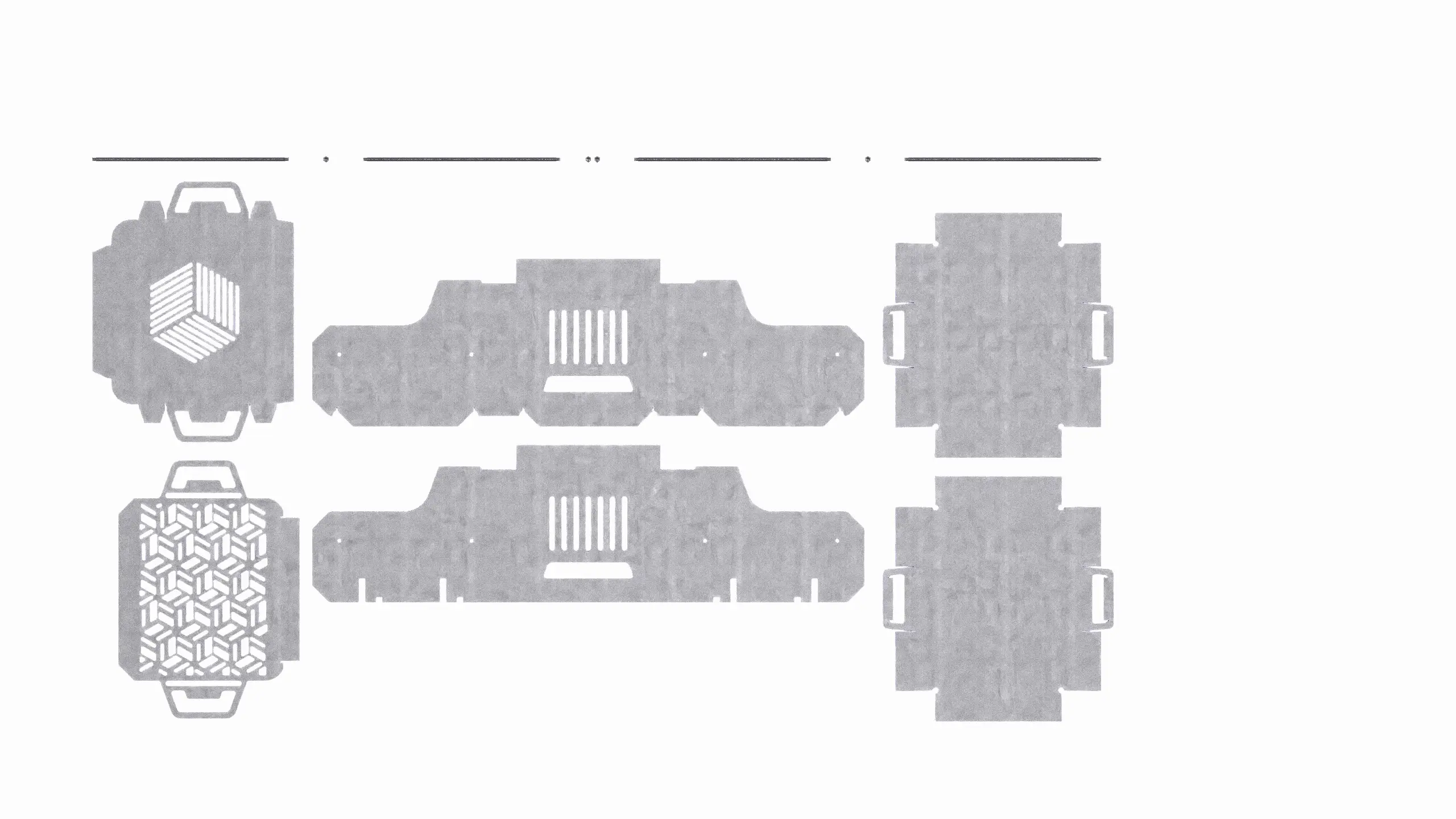 Orthographic drawing set of the barbecue unfolded, plan and elevations