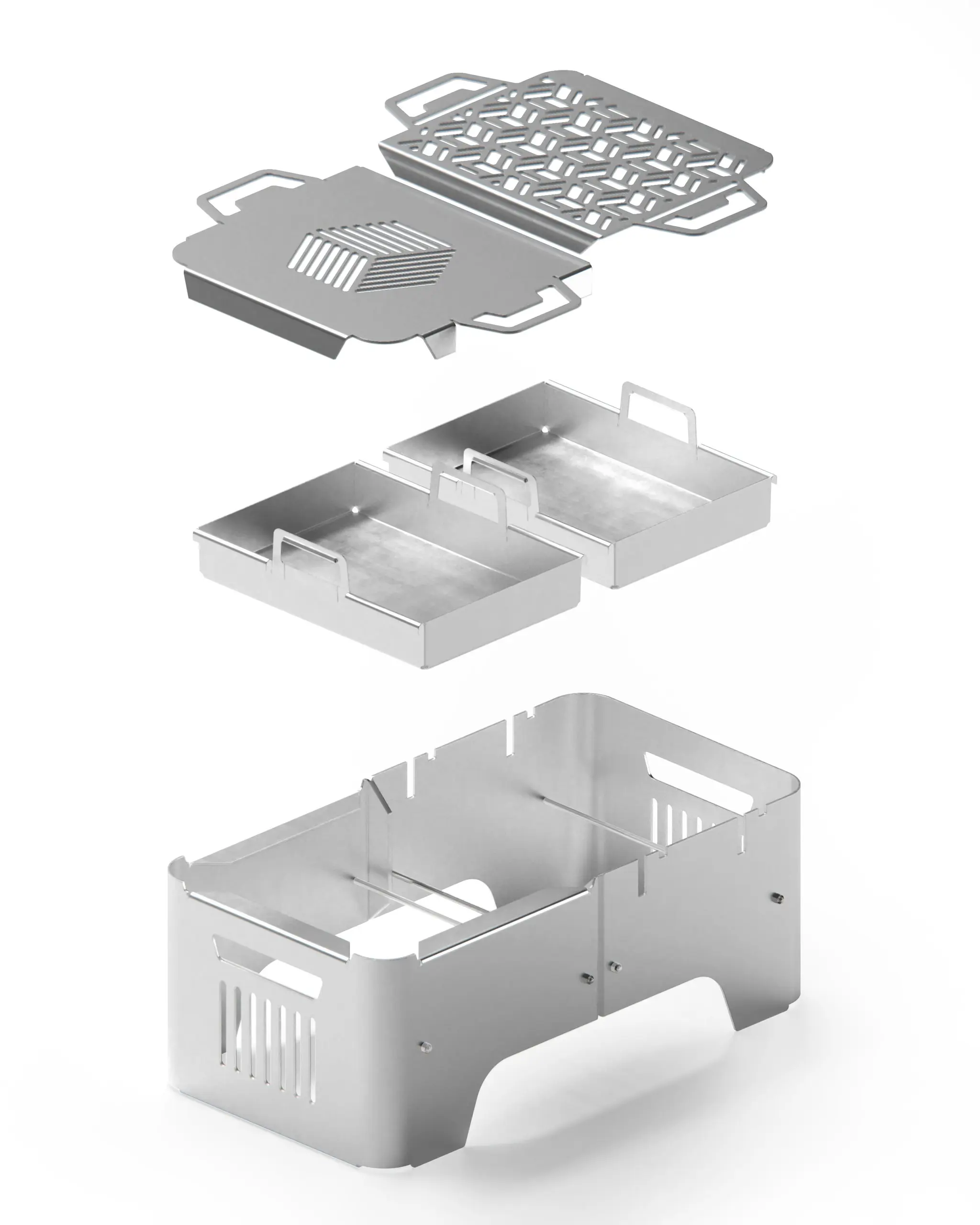 Exploded view separating grill plate, firebox, ash tray and folded legs