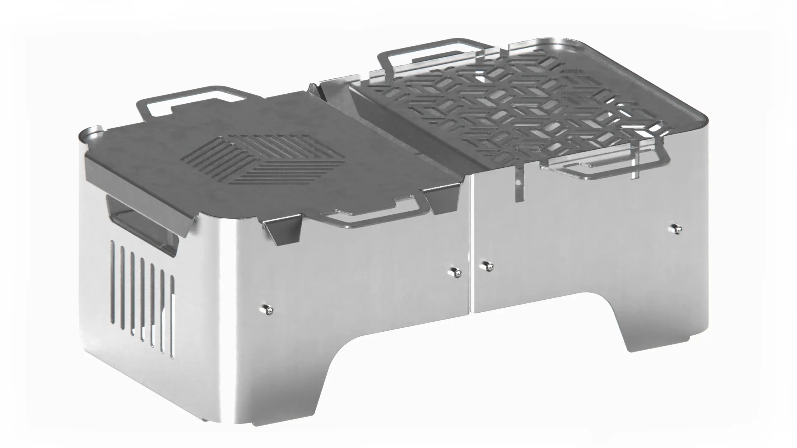 Three-quarter render of the barbecue closed, grill plate seated on the folded body