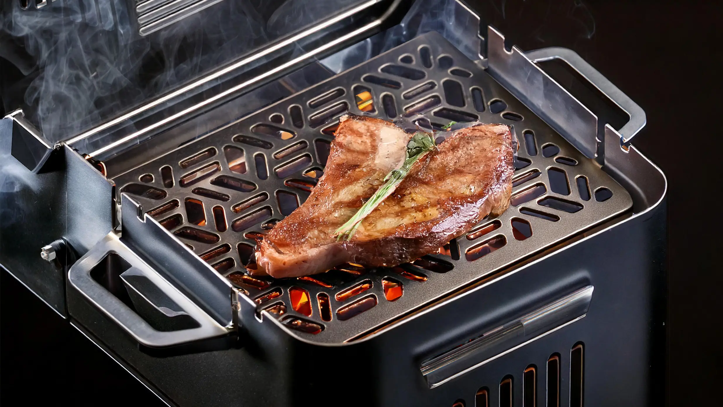 Steak searing on the grill plate of the portable barbecue, smoke rising