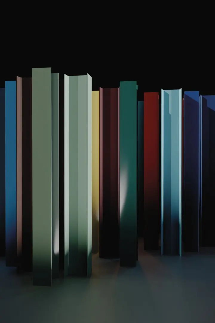 Coloured slabs grouped against black, ranged by height