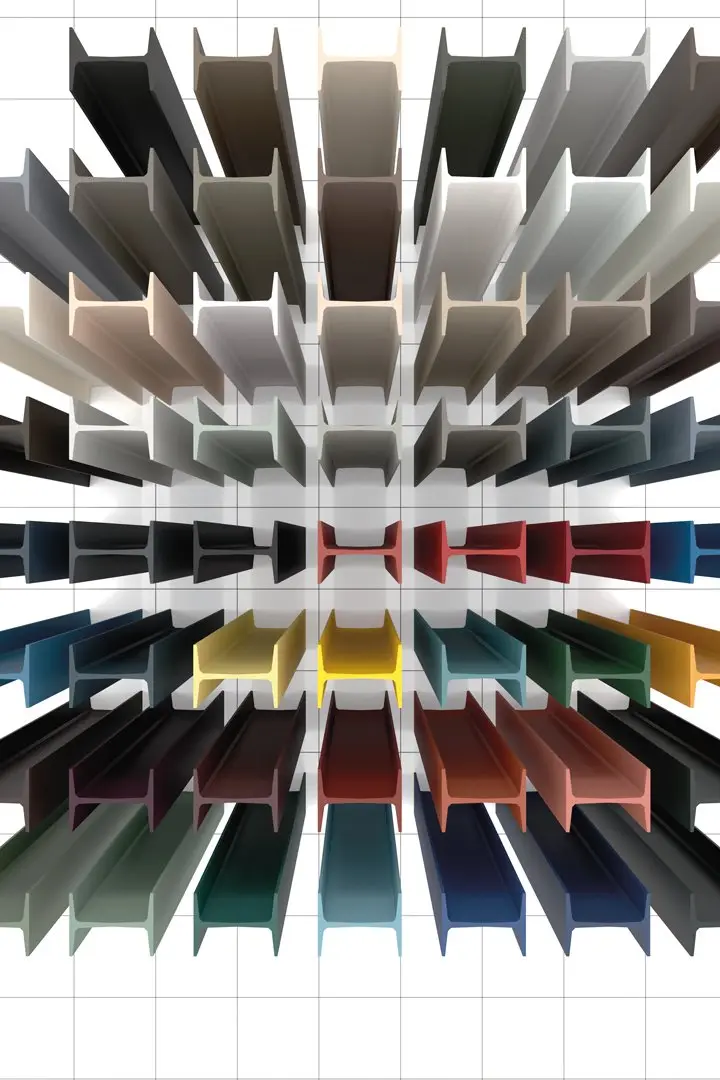 Fanned array of coloured panels seen end-on, receding into perspective