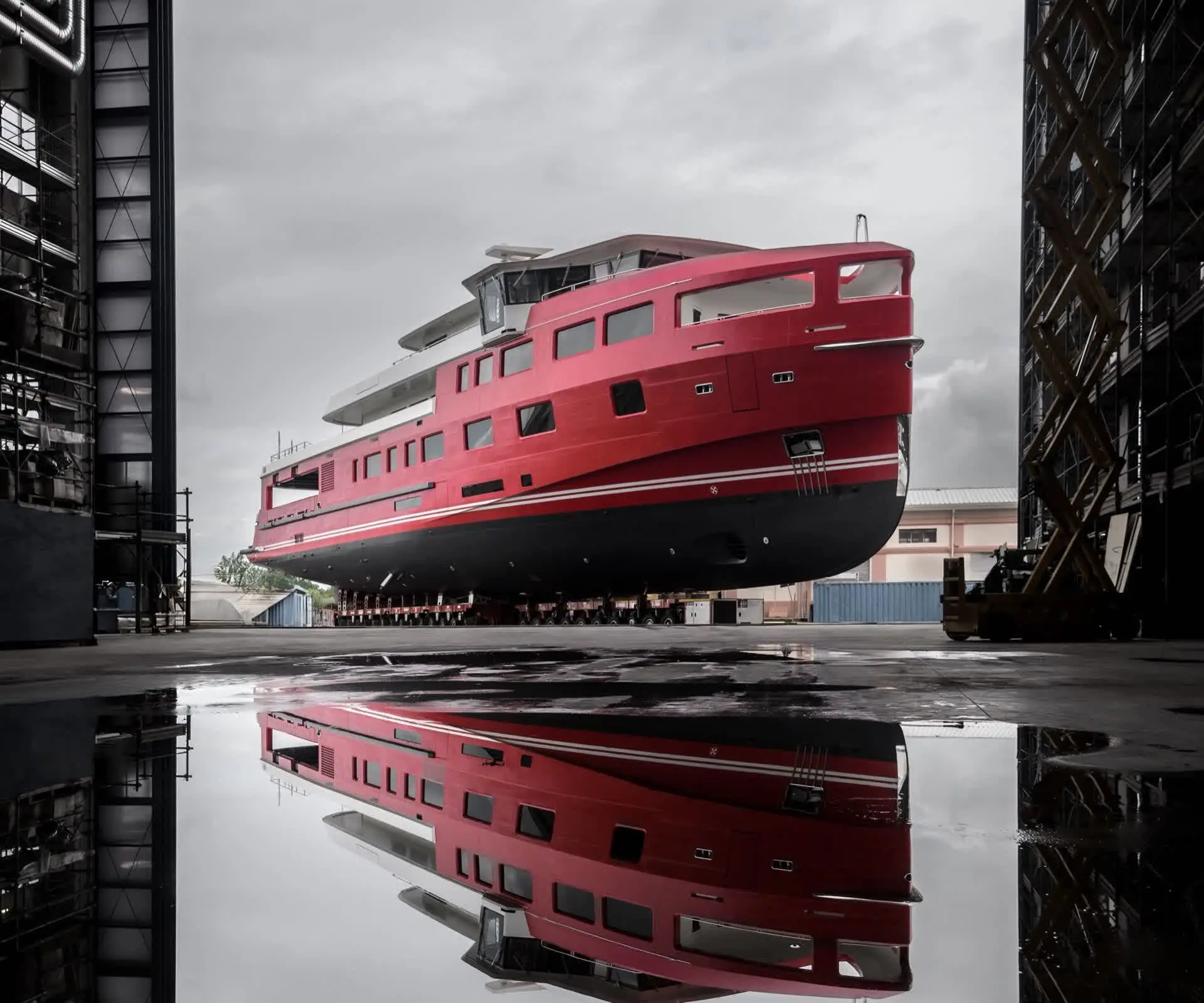 A red-hulled yacht standing in the yard, mirrored in wet ground beneath it