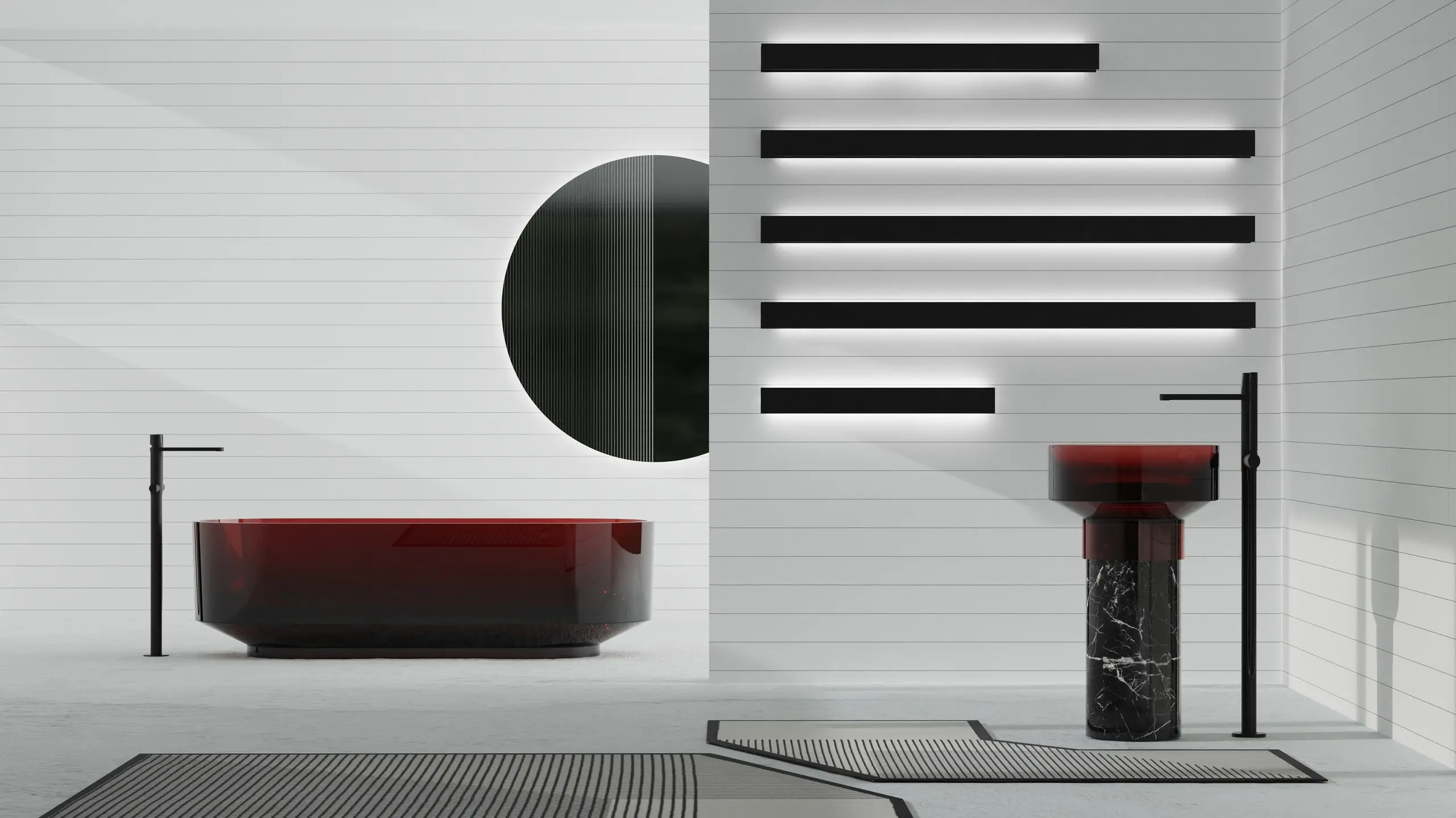 Bathroom setting — a black circular mirror and a red fixture against a white ribbed wall