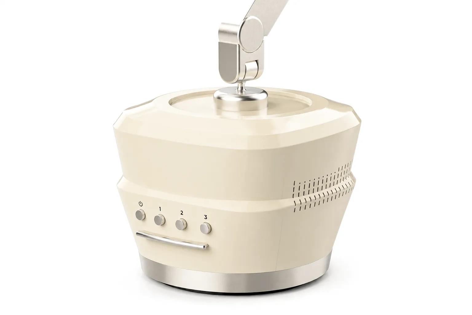 The EF unit off the wall — cream faceted body, brushed steel base ring, the power and three-speed buttons, and the first joint of the mounting arm