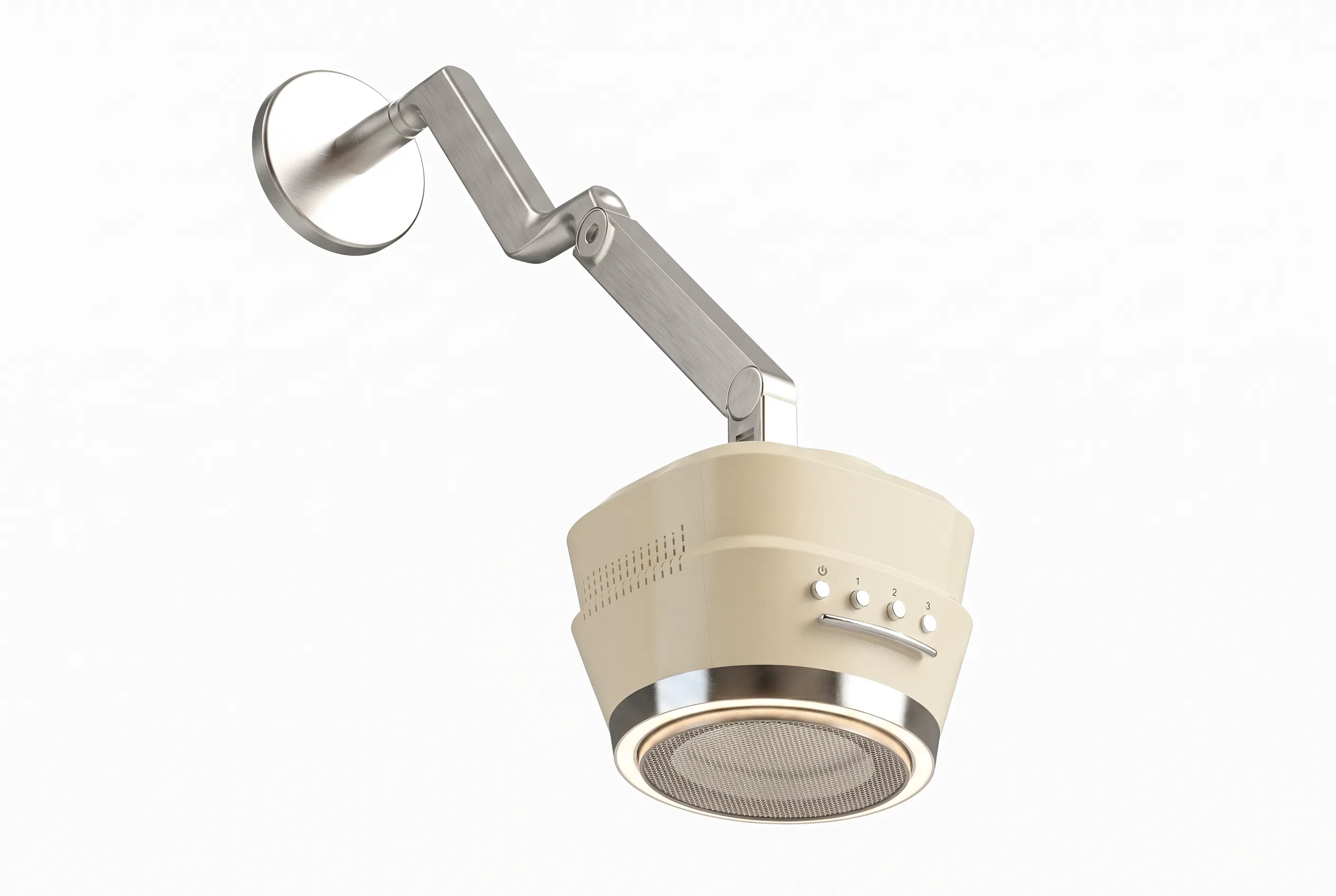 The EF unit mounted on its articulated arm from a wall plate, seen from below — the lit filter mesh in its underside