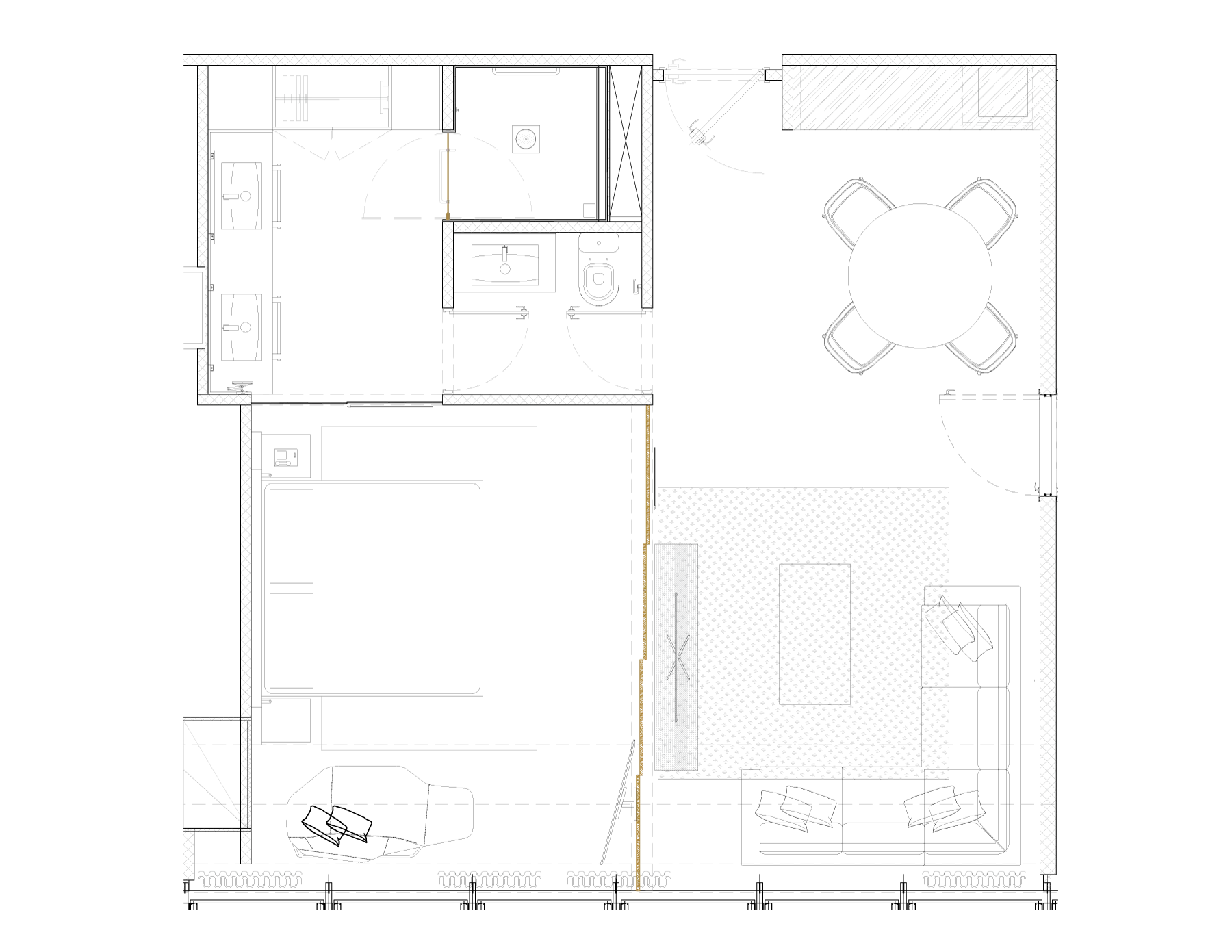 Furnished floor plan of the master suite — bathroom, WC and a double wardrobe run along the top left, the bedroom below them with the bed and a lounge chair, a slatted timber screen picked out in ochre running down the middle of the plan, and the living half to the right with a sectional sofa, a coffee table and a round dining table for four