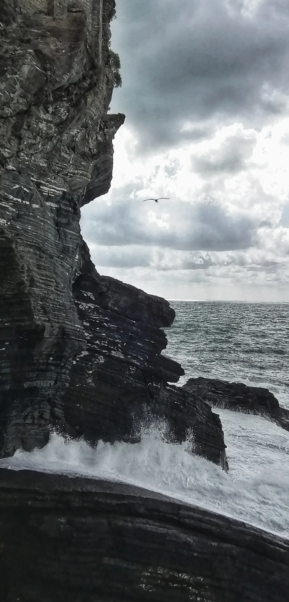 Black and white sea cliff under heavy cloud, surf breaking white against the dark rock