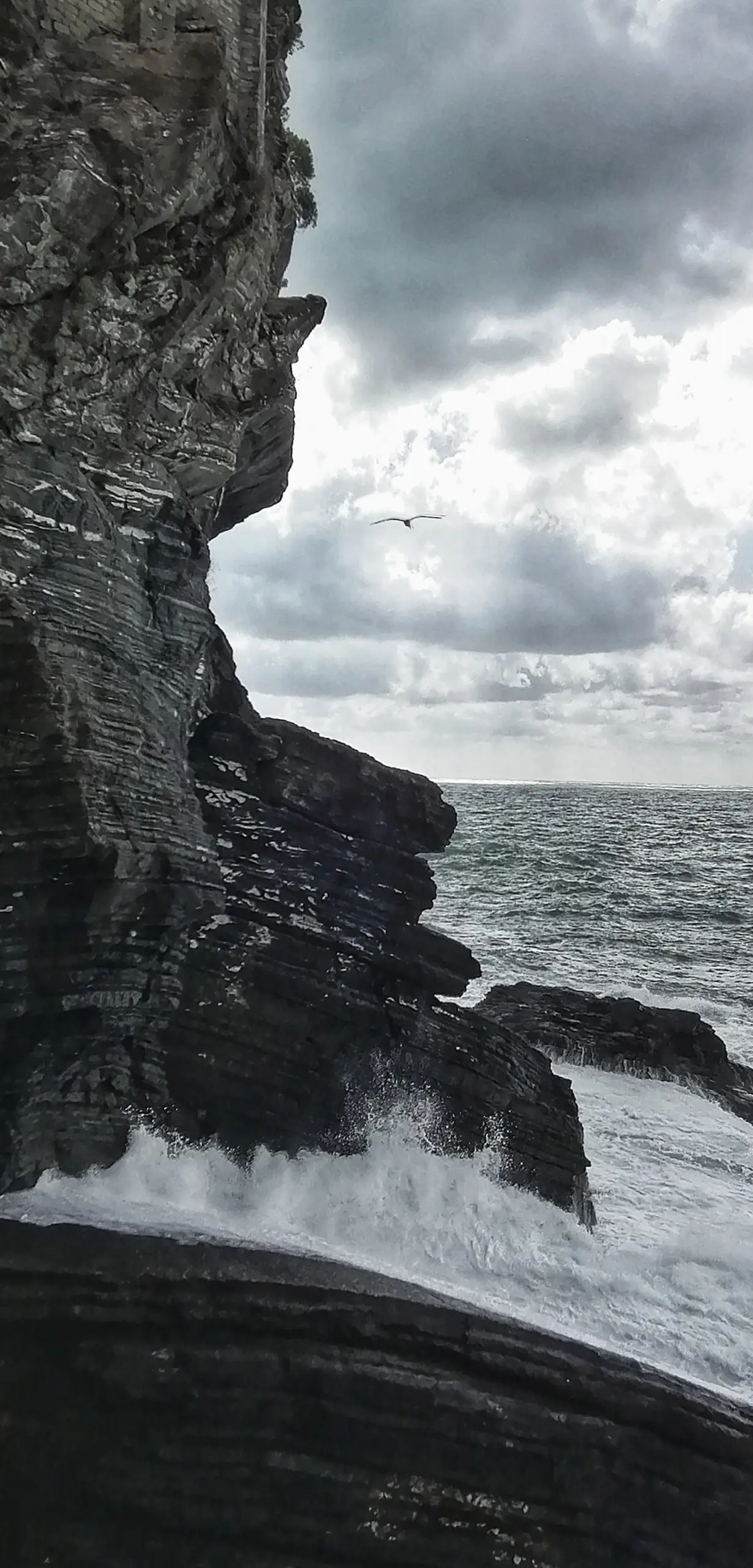 Black and white sea cliff under heavy cloud, surf breaking white against the dark rock