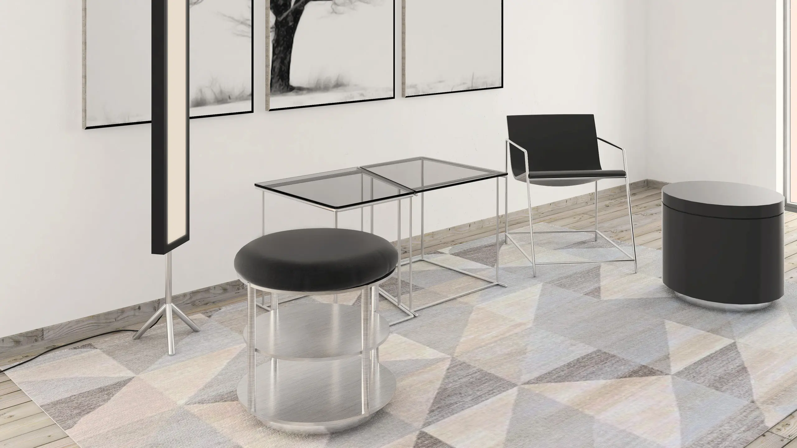 The set arranged against a glazed corner with a coat hung on the chair back
