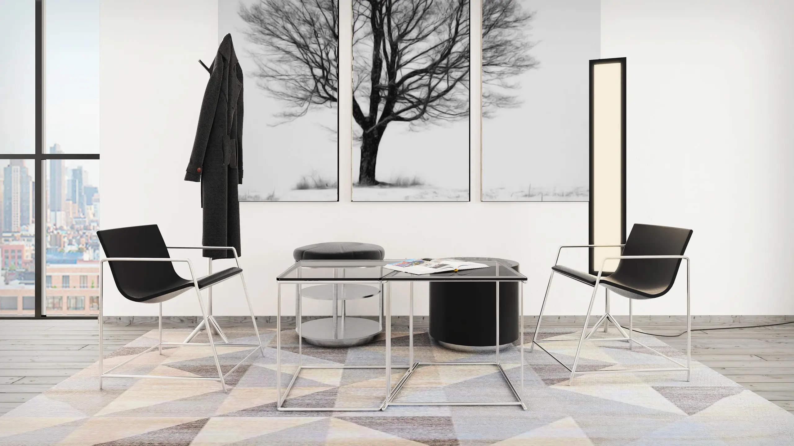 The chair seen square-on beside the drum stool, mirror at the right