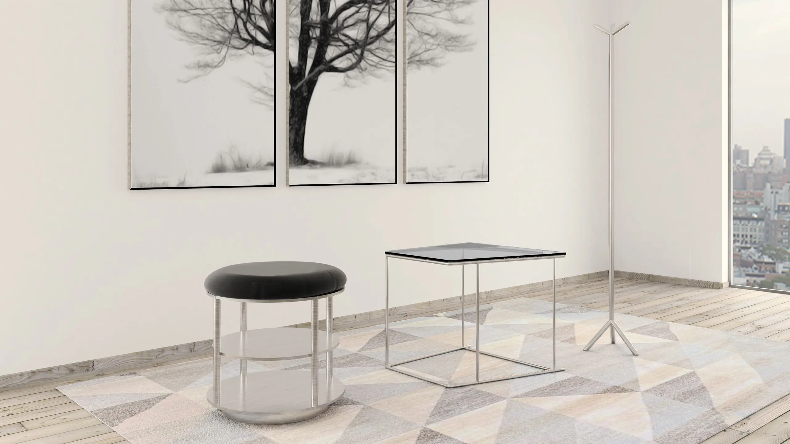 The drum stool and side table on a pale terrazzo floor