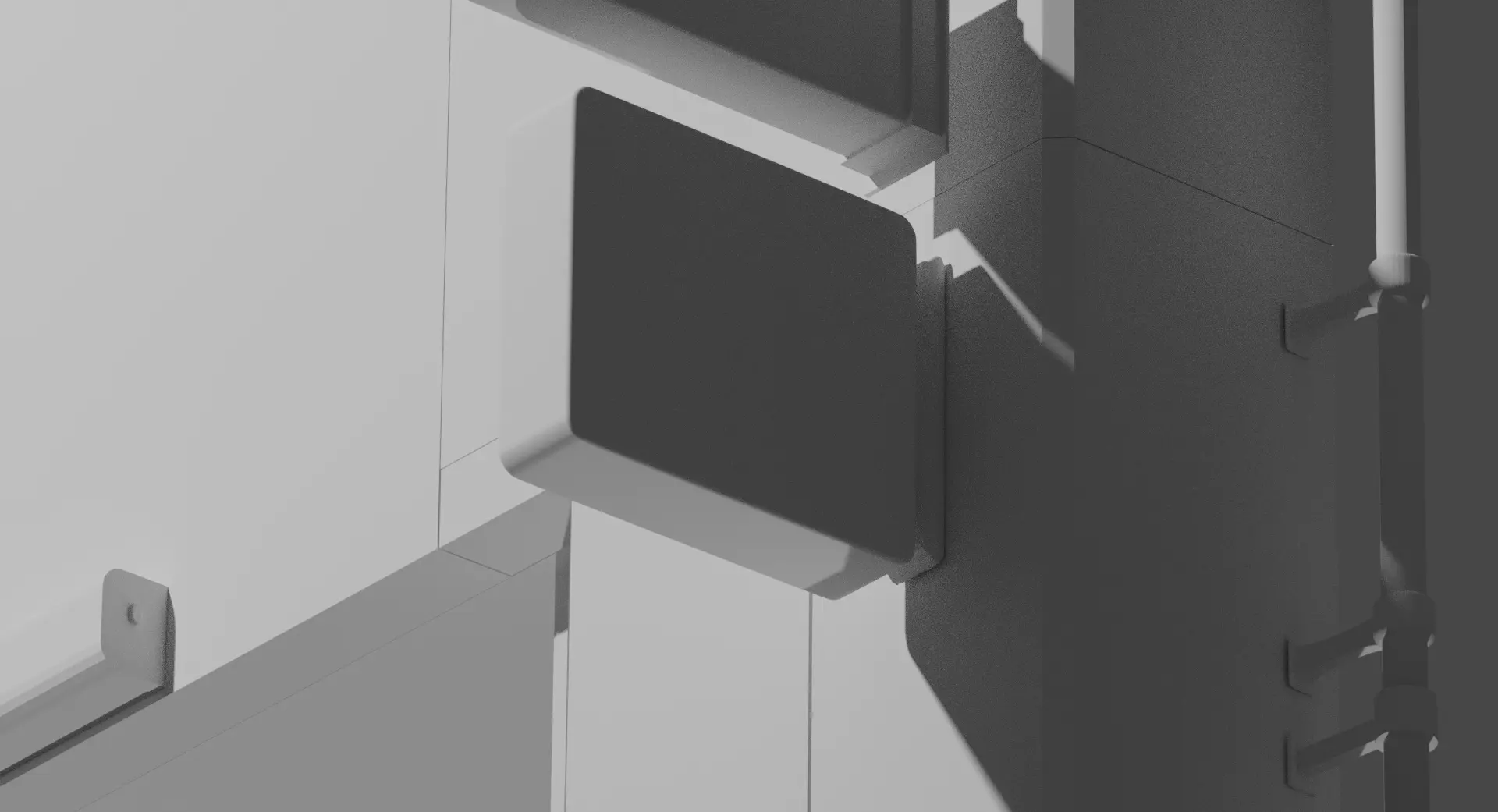 The same sign box in an untextured grey clay render, showing form without finish