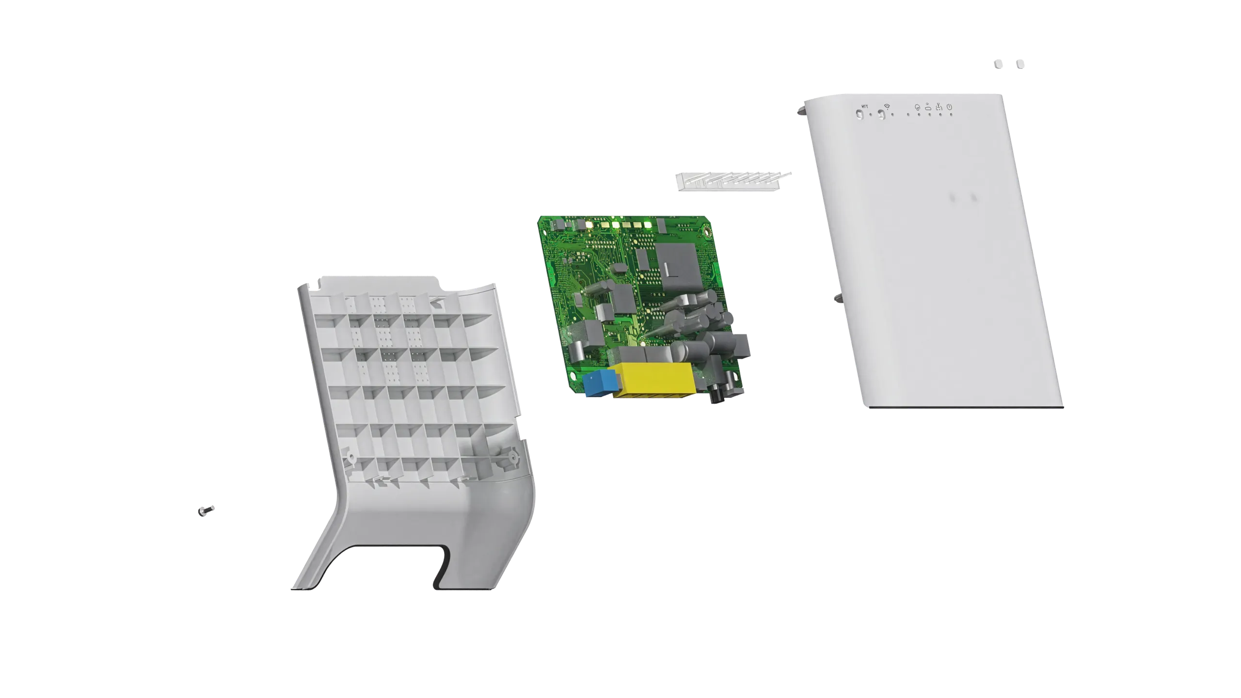 Exploded assembly — ribbed rear shell, PCB with connectors, LED light guide, front cover and fasteners