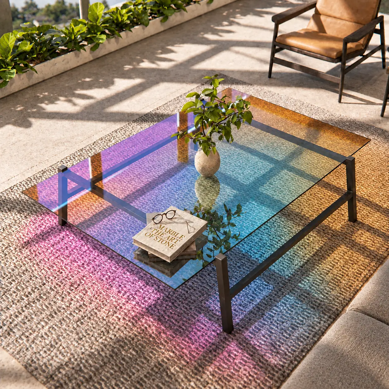 A low table on a sunlit terrace — a dichroic glass top grading from magenta through blue to amber on a slim bronze frame, throwing the same spectrum onto the woven rug beneath it