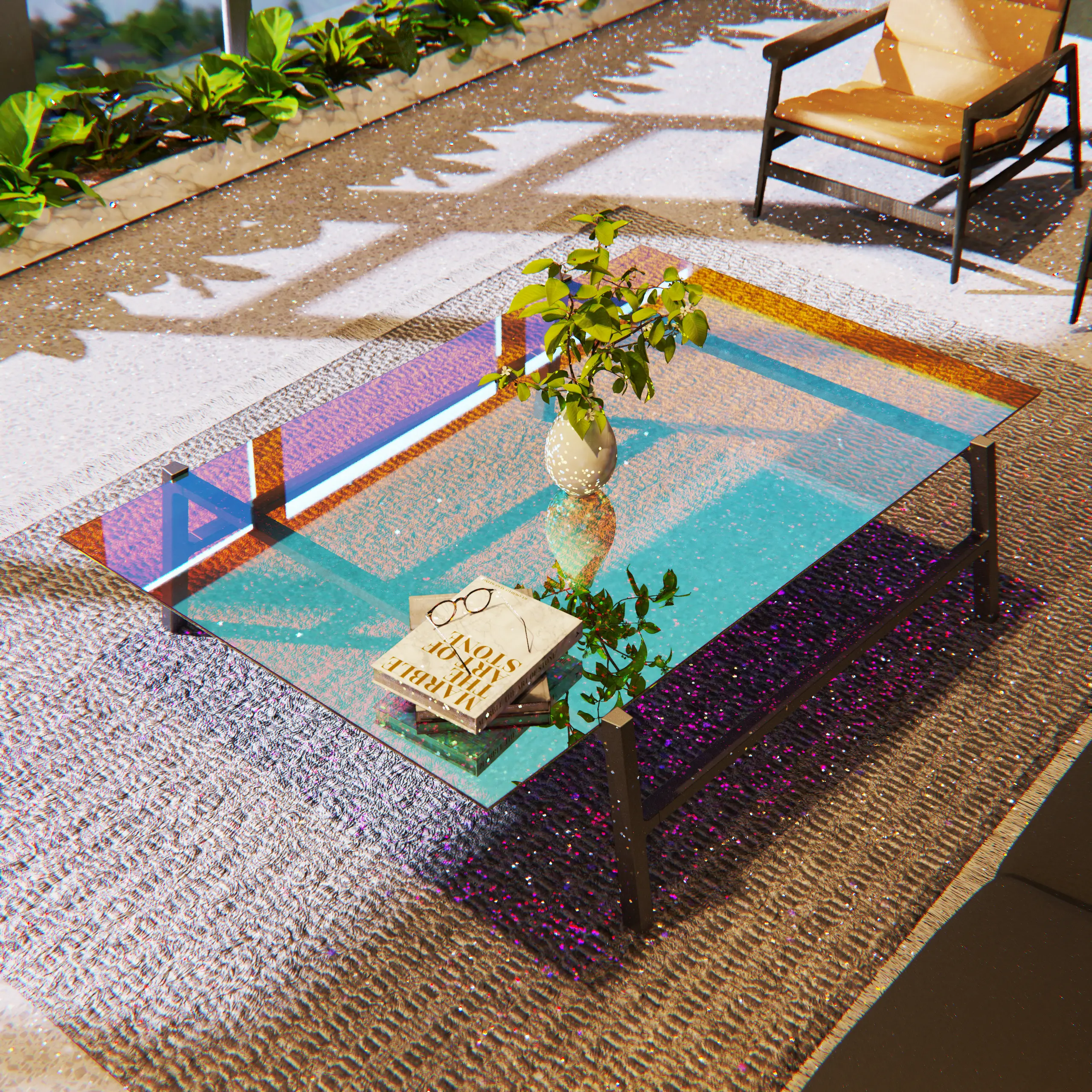 A low table with a layered translucent coloured top, set on a rug in a planted terrace