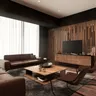 The master suite's living half — two tan leather sofas and a low walnut coffee table on a grey rug, a walnut credenza under the television against a slatted walnut screen, the bed visible through the screen beyond