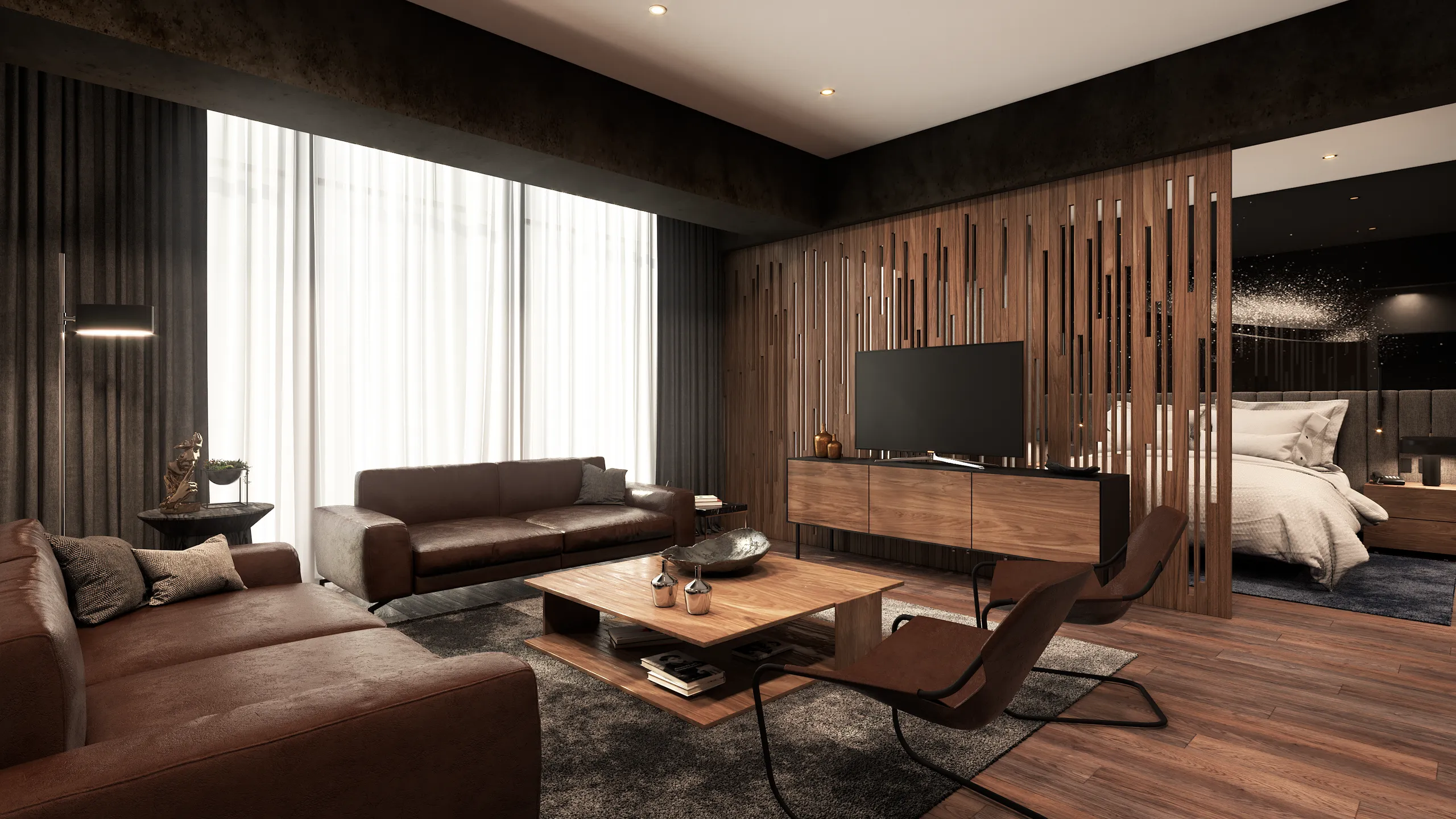 The master suite's living half — two tan leather sofas and a low walnut coffee table on a grey rug, a walnut credenza under the television against a slatted walnut screen, the bed visible through the screen beyond