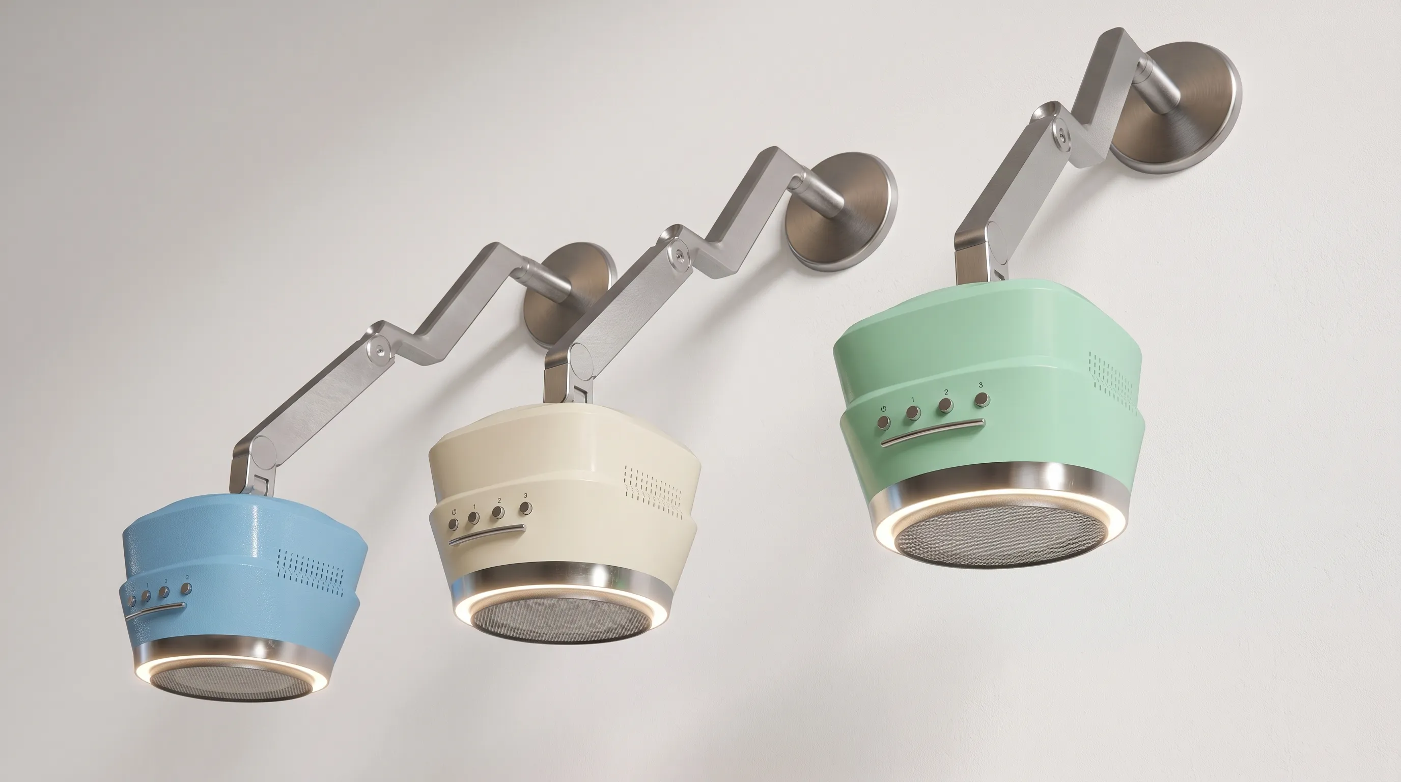 Three EF units wall-mounted side by side — blue, cream and mint, arms extended