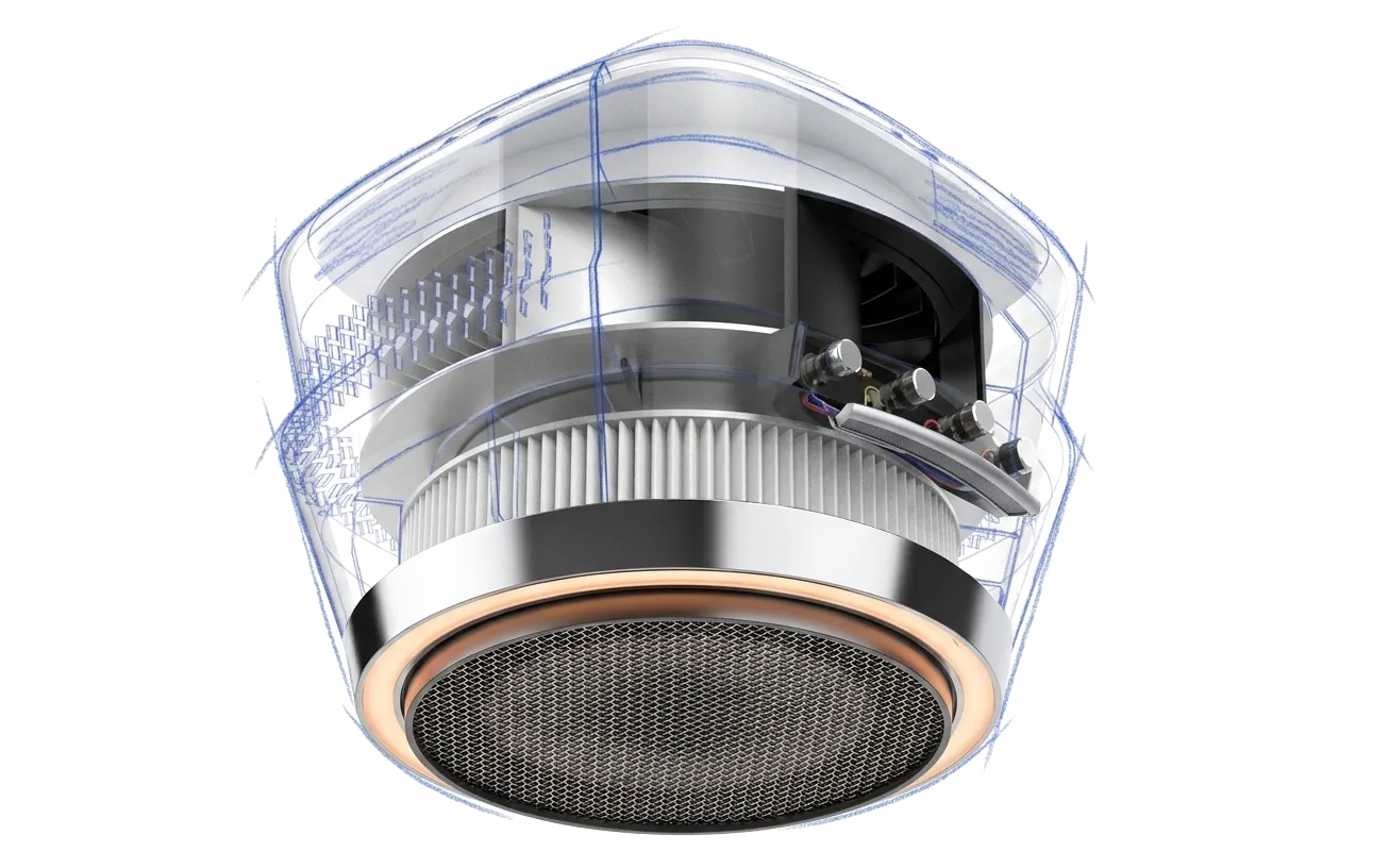 X-ray render of the unit — the housing ghosted to transparent with its construction sketch drawn over it in blue, showing the pleated filter, impeller and wiring harness inside, over the lit mesh underside