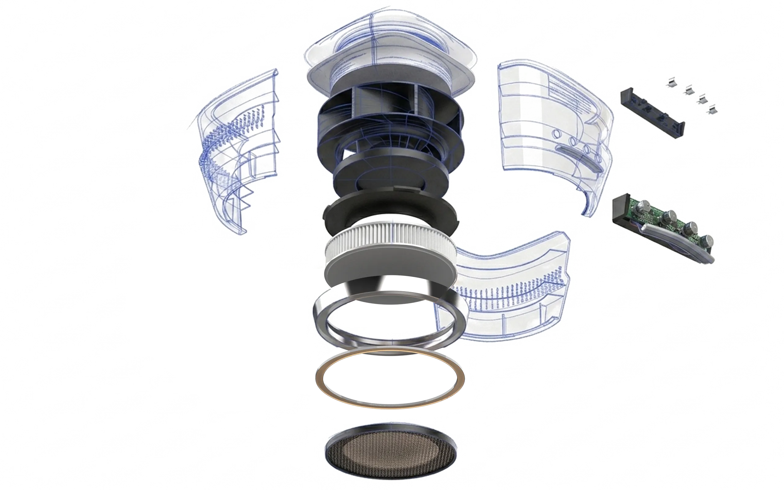 The same unit exploded — top cover, diffuser, impeller and motor above a pleated filter, a steel rim, a light ring and the mesh disc, with the three body panels, the keypad and its board laid out to the sides