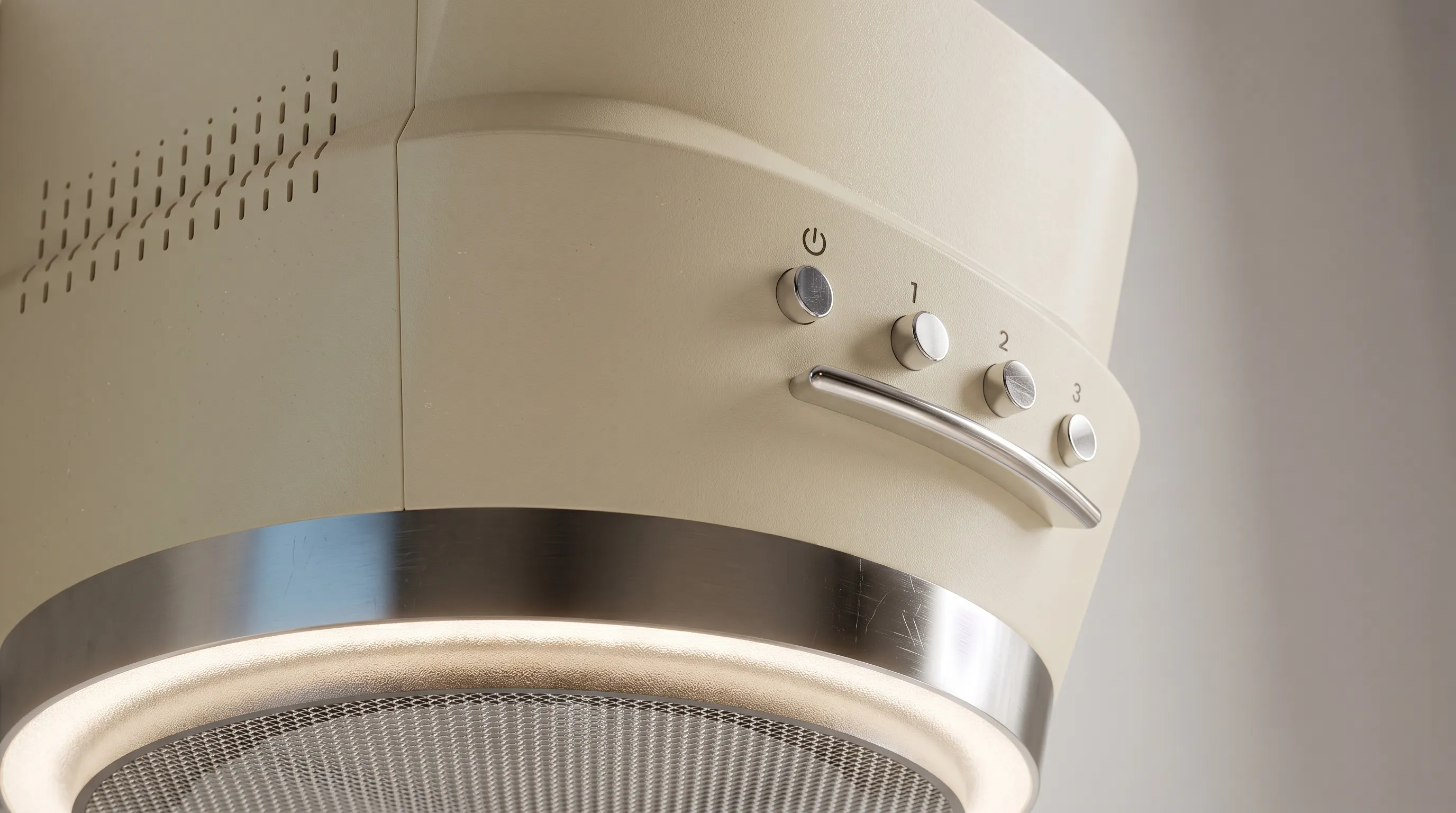 EF extractor hood in cream — control buttons, brushed-steel rim and lit filter mesh