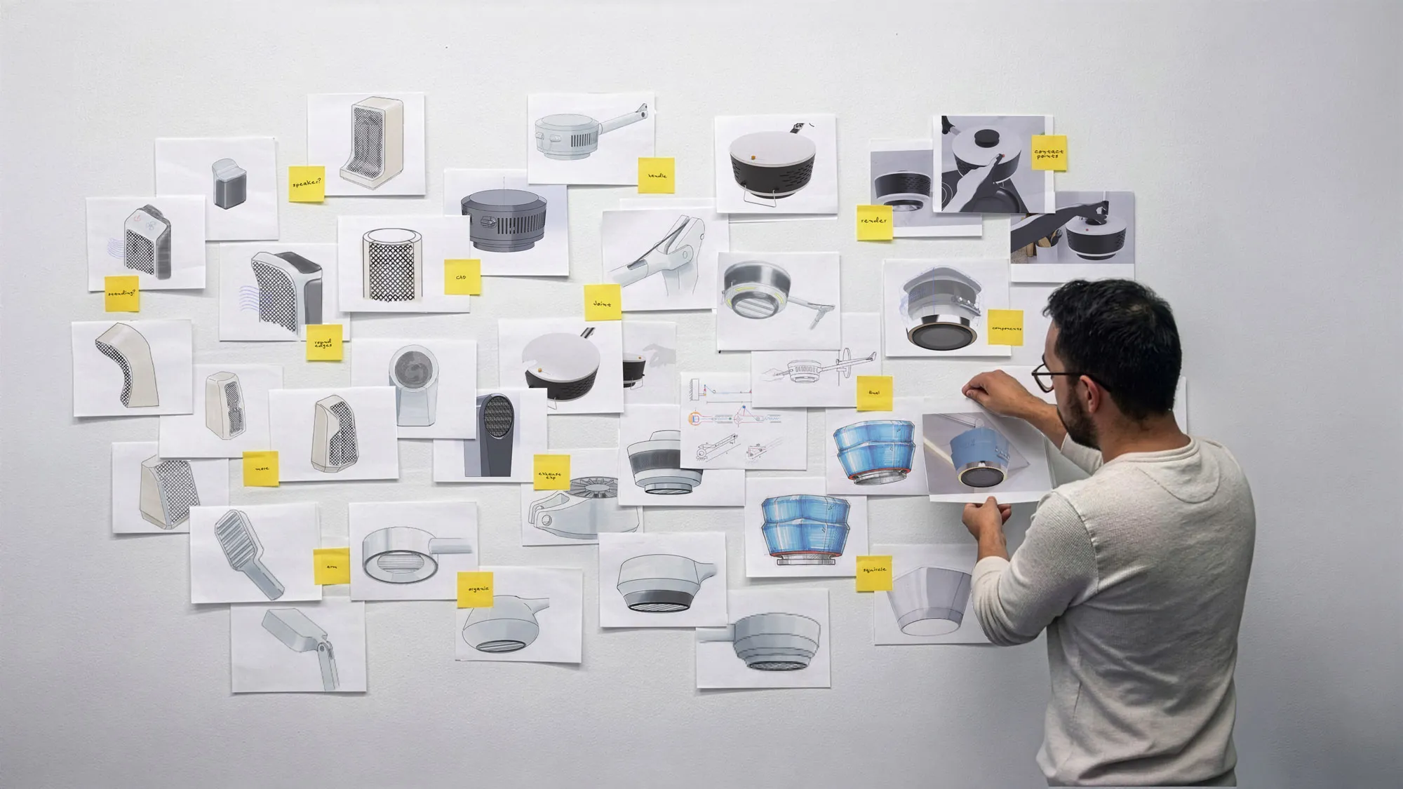 Concept wall — sheets of appliance form studies pinned up, being reviewed