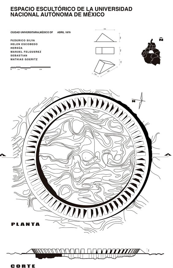 Measured sheet of the Espacio Escultórico at UNAM — the ring of sixty-four concrete wedges drawn in plan over the contours of the lava field, with the section below it