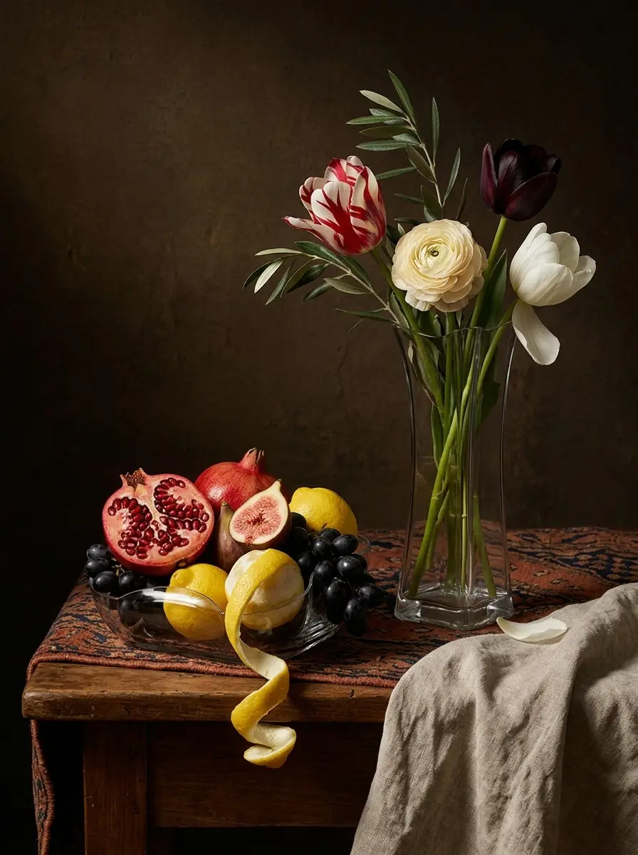 Still life in low light — the wavy glass bowl holding pomegranate and figs beside the faceted vase of tulips