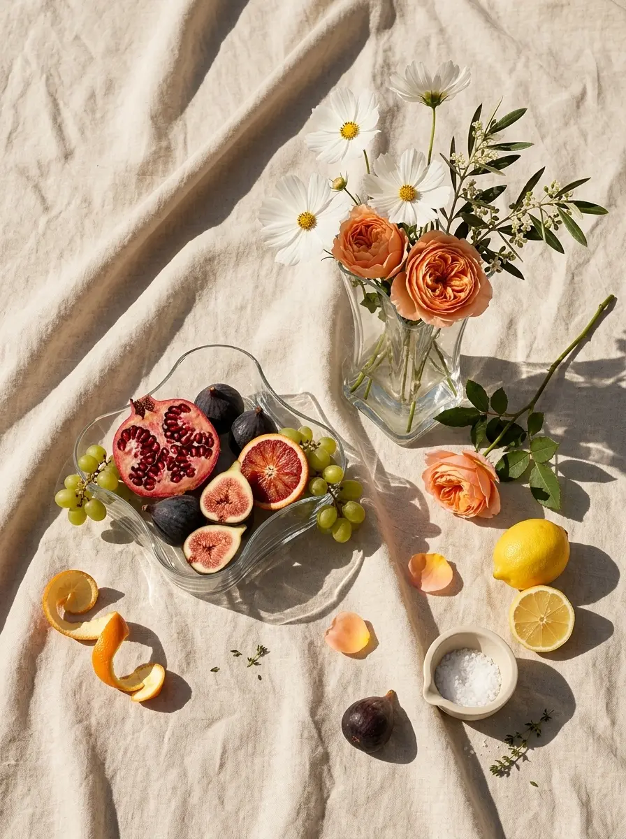 The same bowl and vase on linen in raking daylight, citrus and roses scattered around them