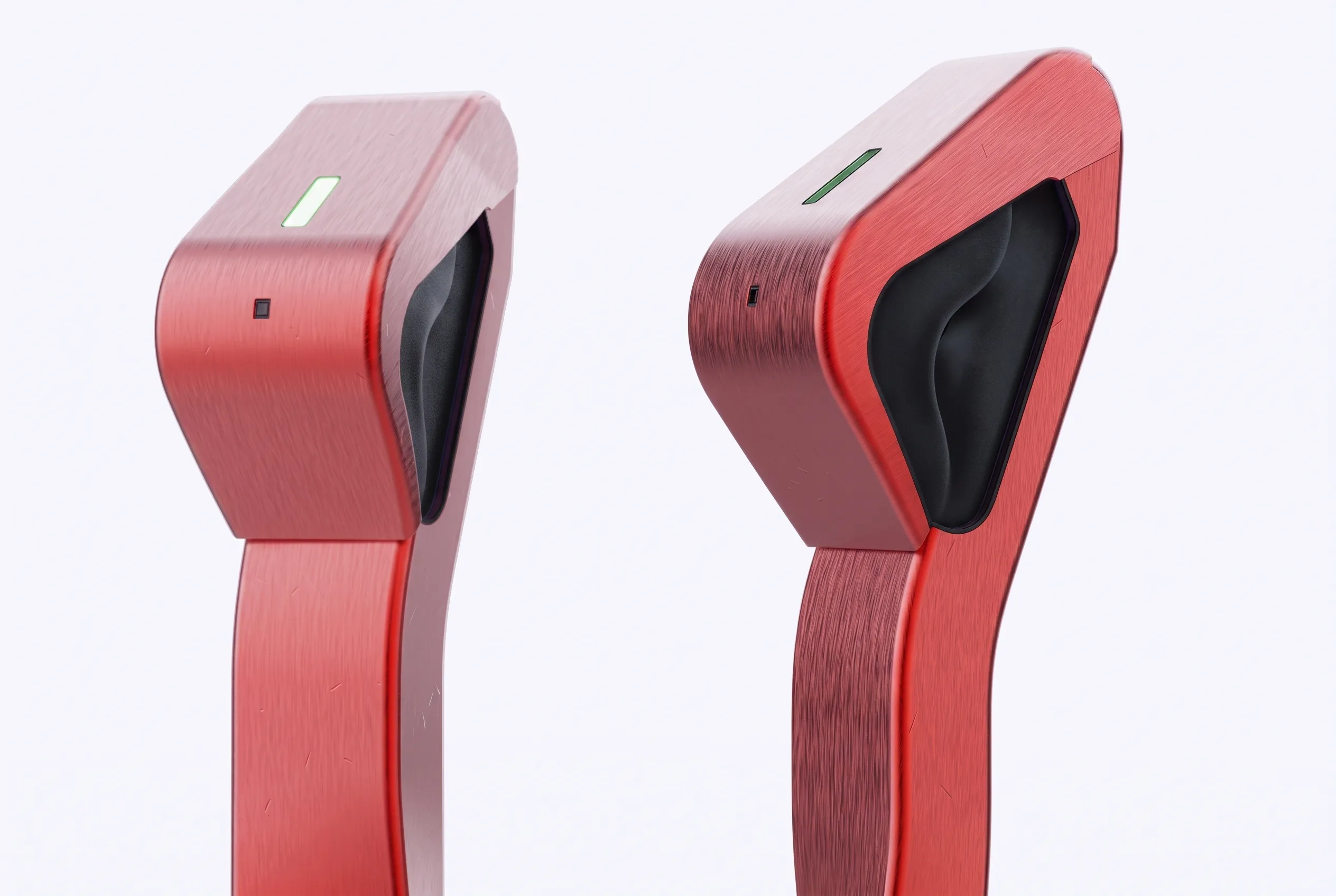 Close view of two InGo dock heads — red brushed housings with lit status indicators