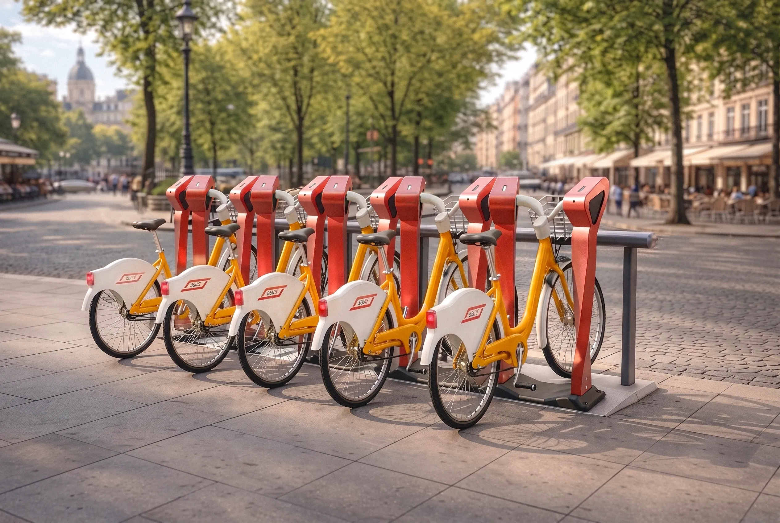 InGo bike-share station on a tree-lined city square — docked bikes on cobbles, cafés behind