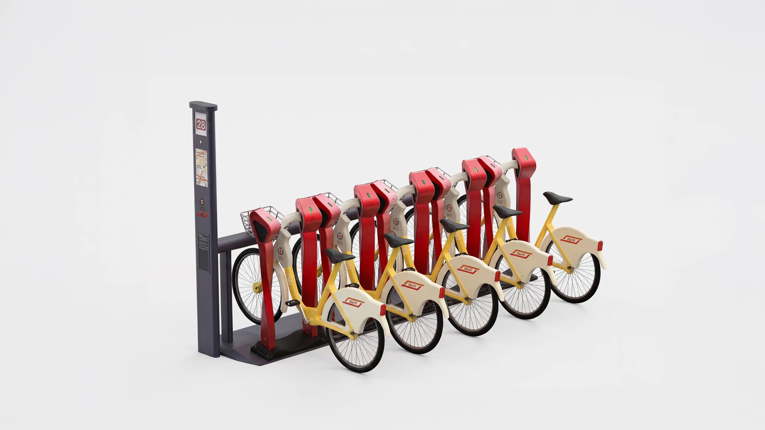 Full InGo station on a studio backdrop — row of docked bikes beside the information totem