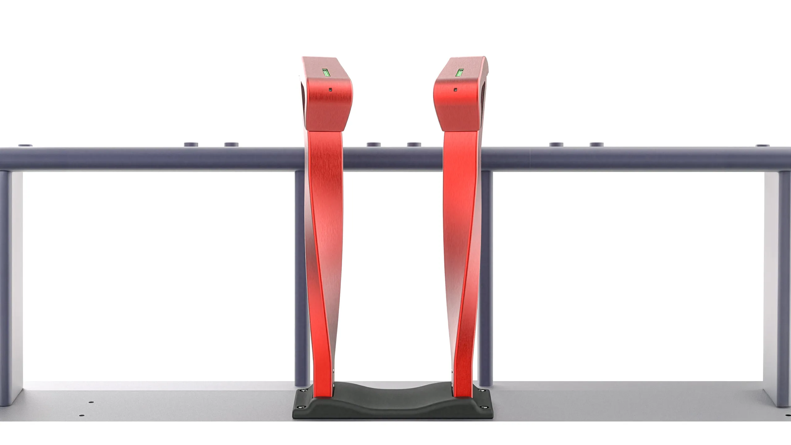 The resolved dock pair on its rail — swept red uprights carrying the housing, seen square on