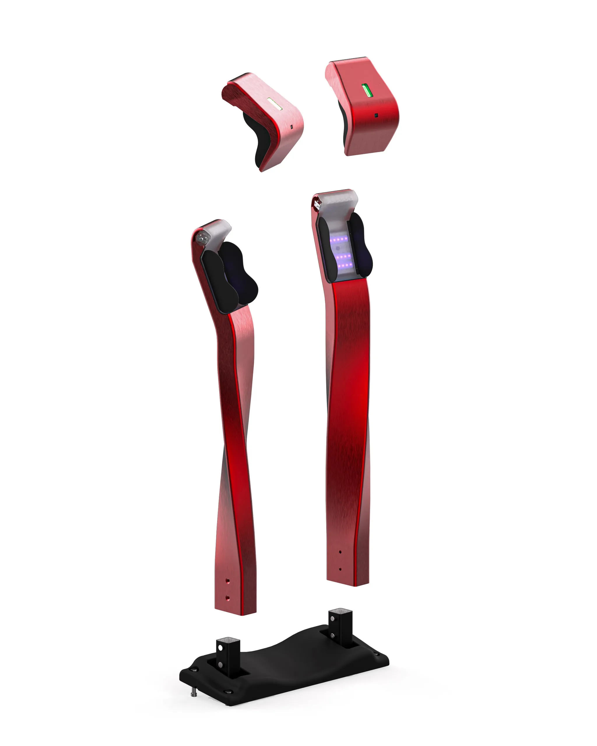 Exploded view of the dock — two head caps, two swept columns and the base plate, separated along the vertical axis