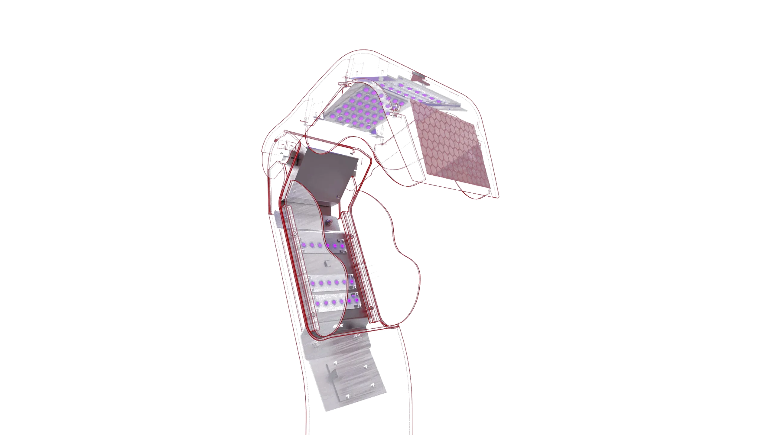 X-ray of the sanitising head — UV emitter arrays and a perforated reflector in the hinged lid, the drive block and three emitter strips down the column, over the base plate