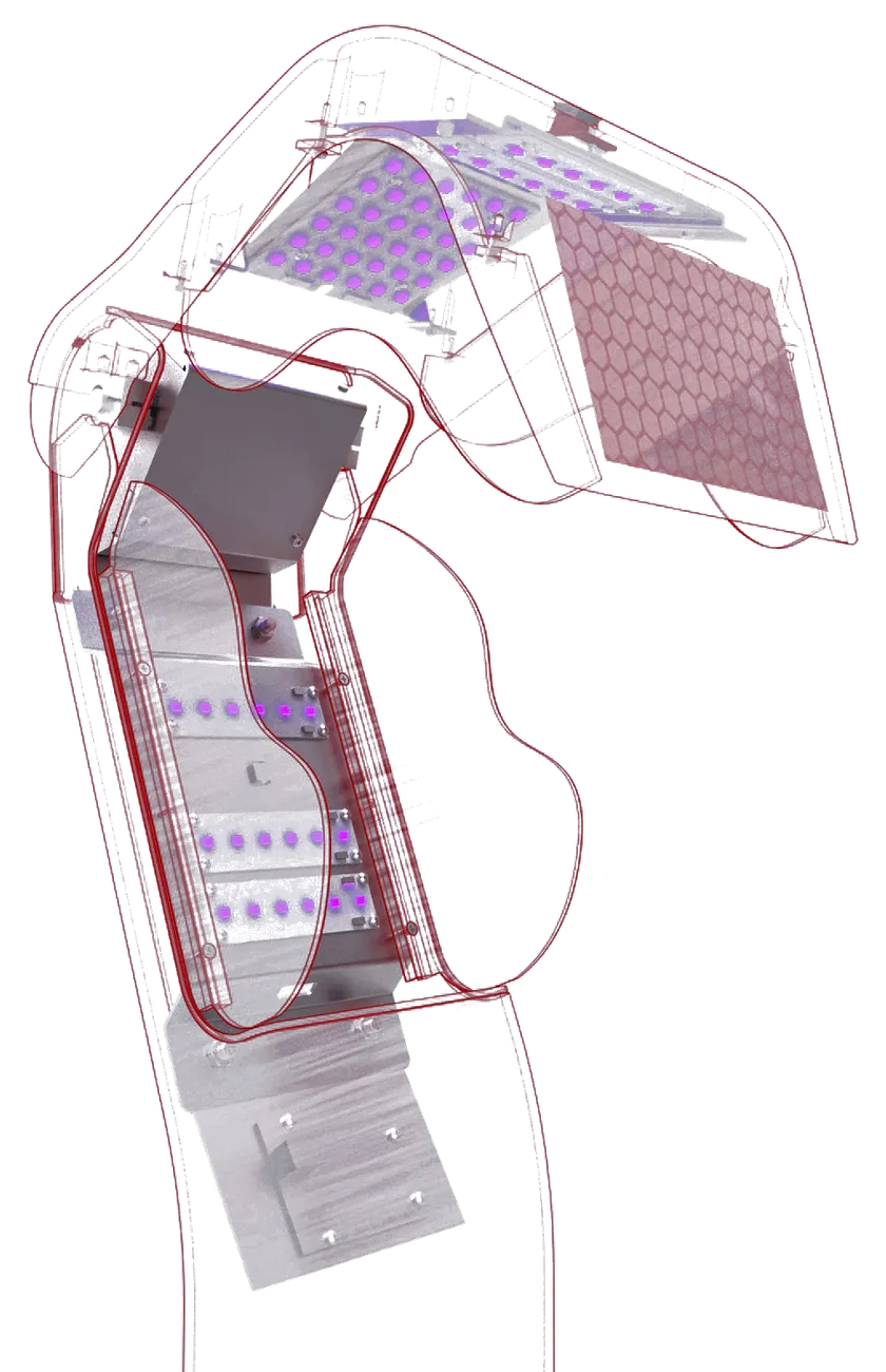 X-ray of the sanitising head — a dense grid of UV emitters and a honeycomb reflector film inside the hinged lid, the encased drive block and three emitter strips down the column, over the base plate