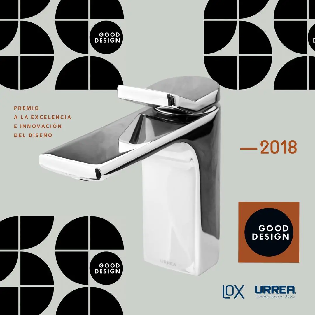The Good Design 2018 award plate — the mixer photographed against the award's black geometric pattern, the seal and the year set beside it