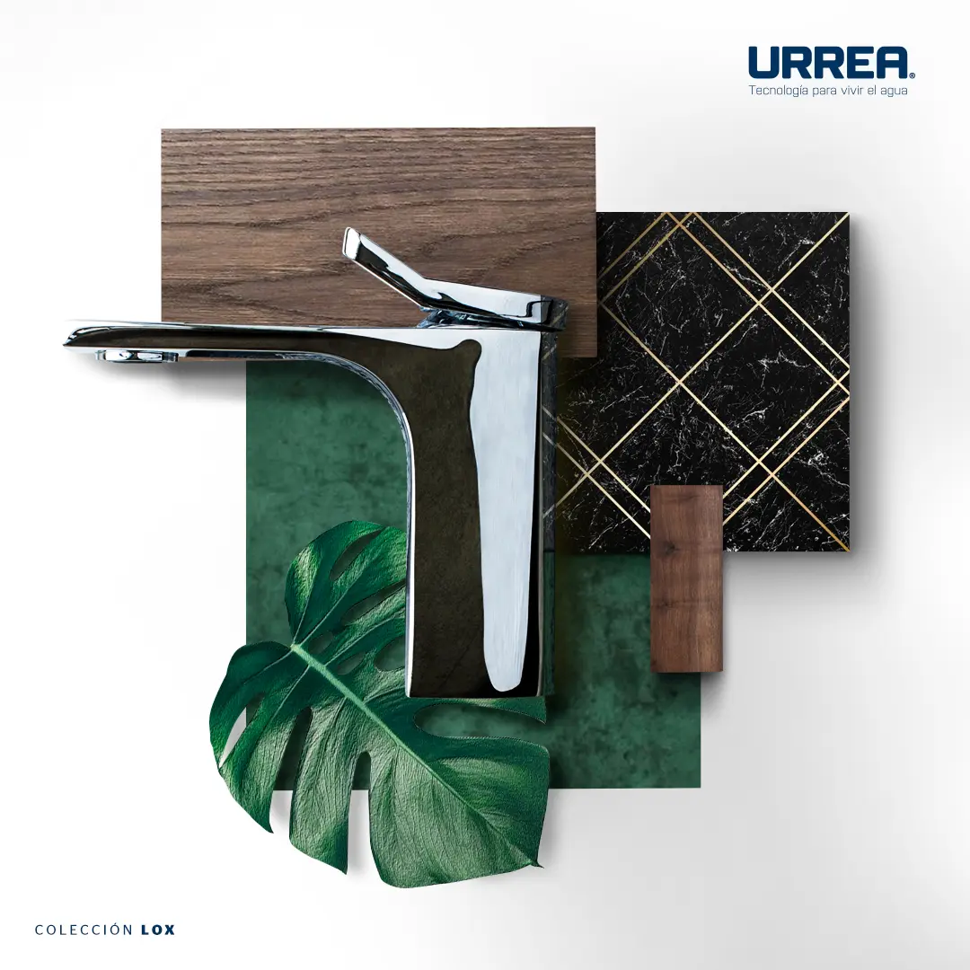 CMF board for the collection — the chrome mixer over overlapping samples of walnut, black and green marble and a monstera leaf