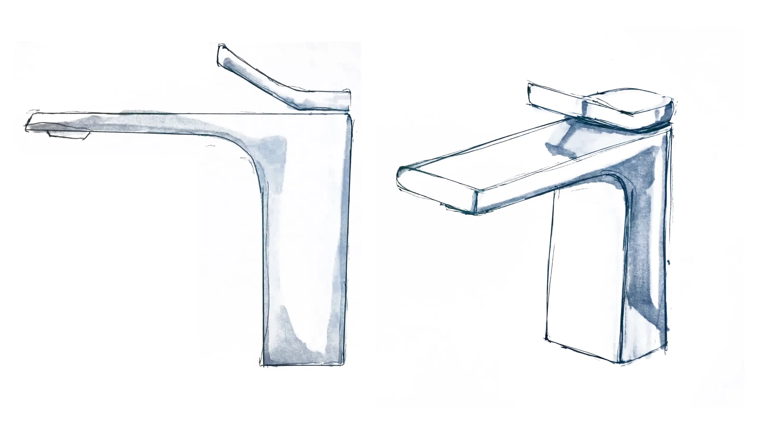 Two marker sketches of the same mixer — a side elevation and a three-quarter view, drawn in blue-grey wash over ink