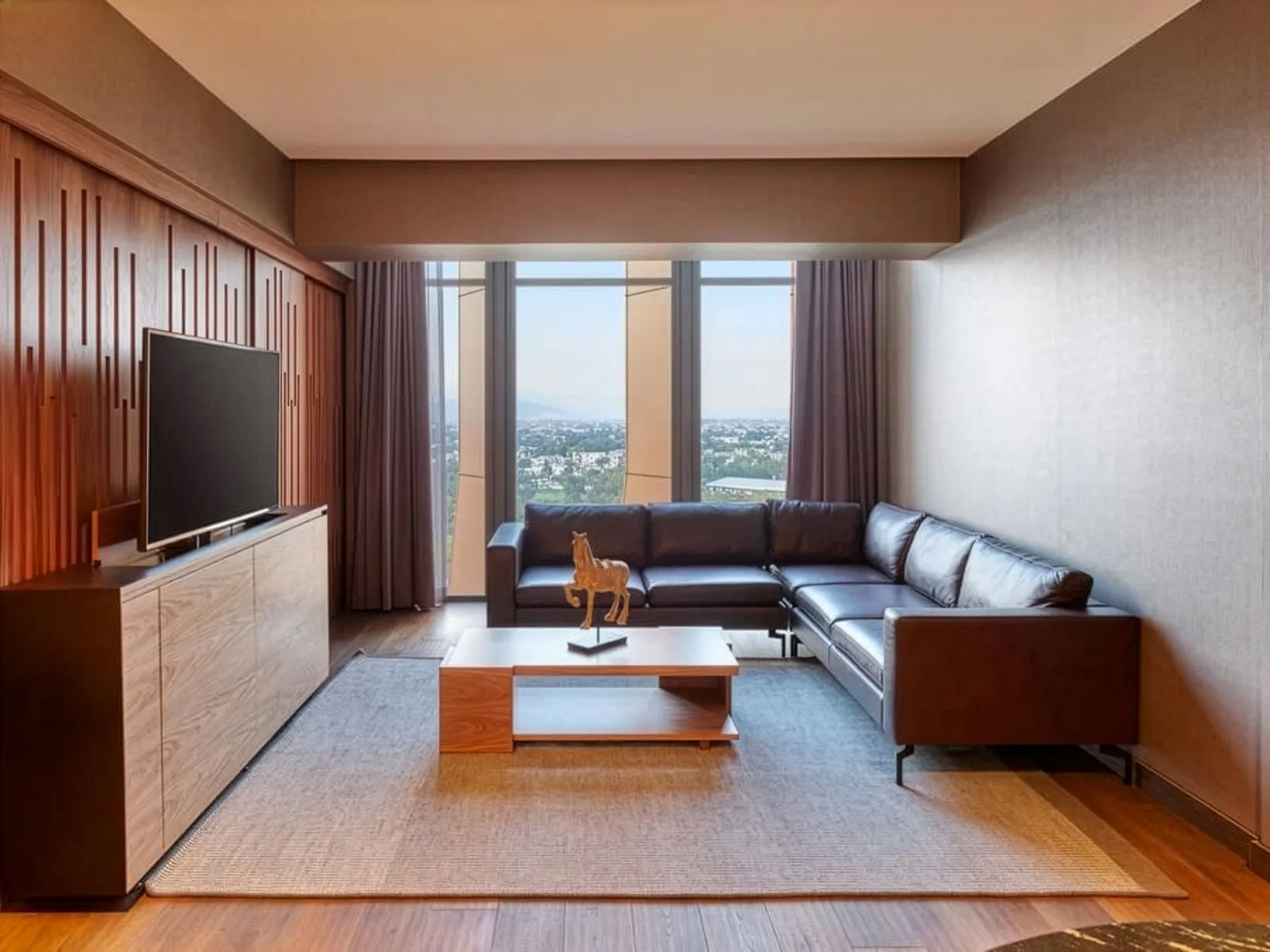 The master suite's sitting room — a brown leather sectional along the window wall with the city beyond, a pale timber credenza and slatted walnut screen opposite, a small brass horse on the low coffee table