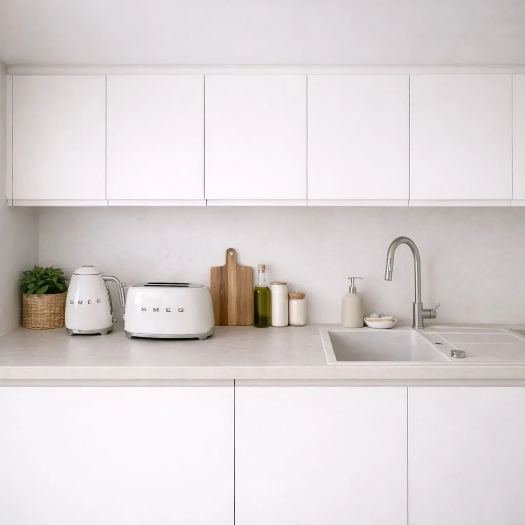 A minimal white kitchen — flat slab fronts, a stone worktop, a white kettle and toaster against the splashback
