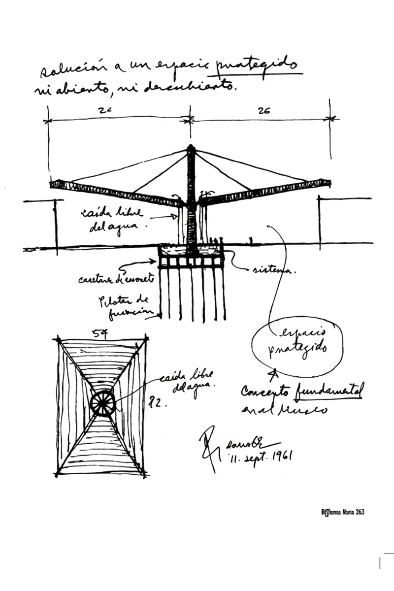 Pedro Ramírez Vázquez's concept sketch for El Paraguas, dated 11 September 1961 — a section through one mast carrying a flat canopy with the water falling free off its rim, annotated in Spanish, with the canopy drawn in plan below and the architect's signature beside it
