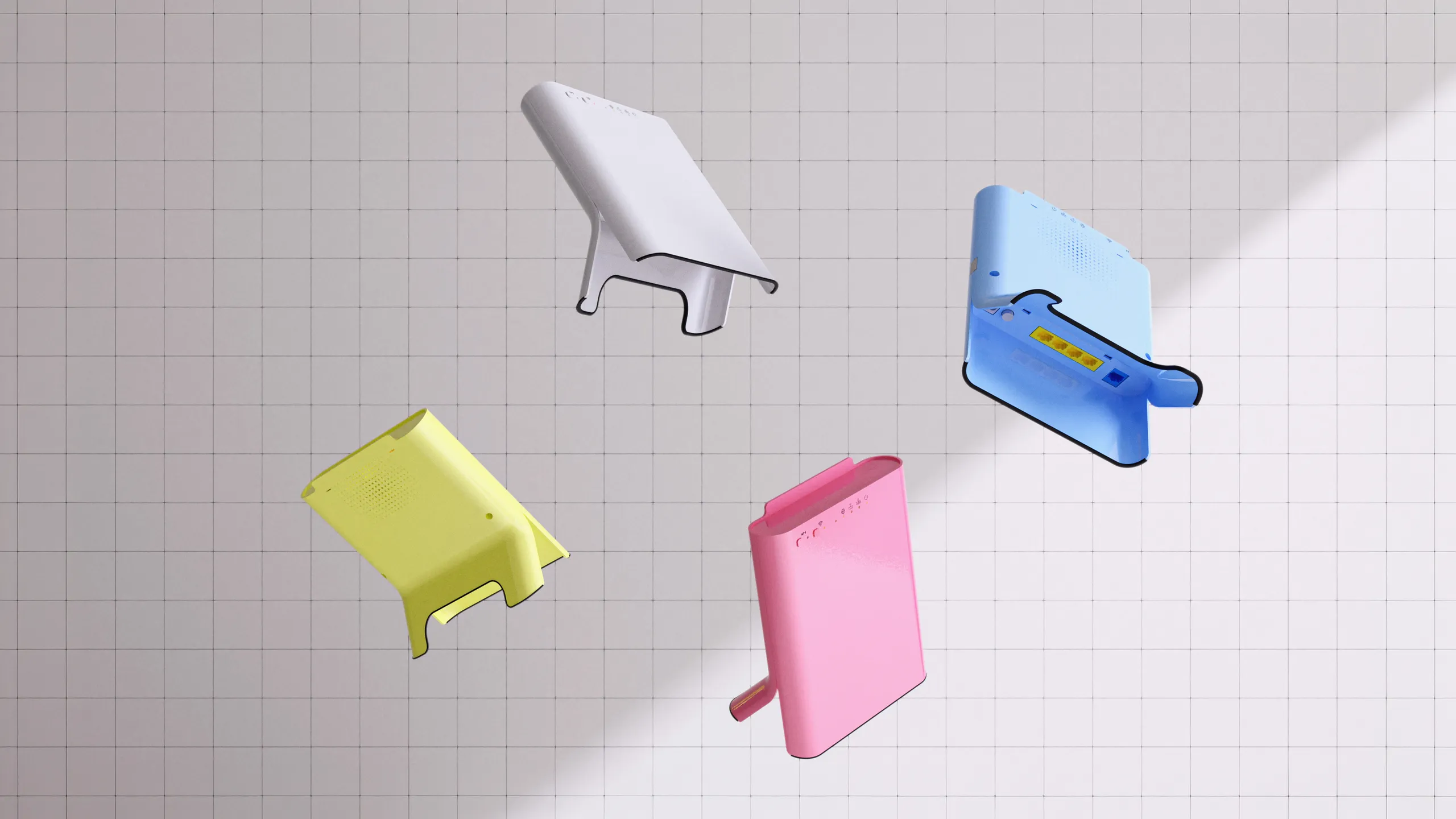 Four colourways floating over a grid backdrop — white, sky blue, yellow and pink, front and back shown