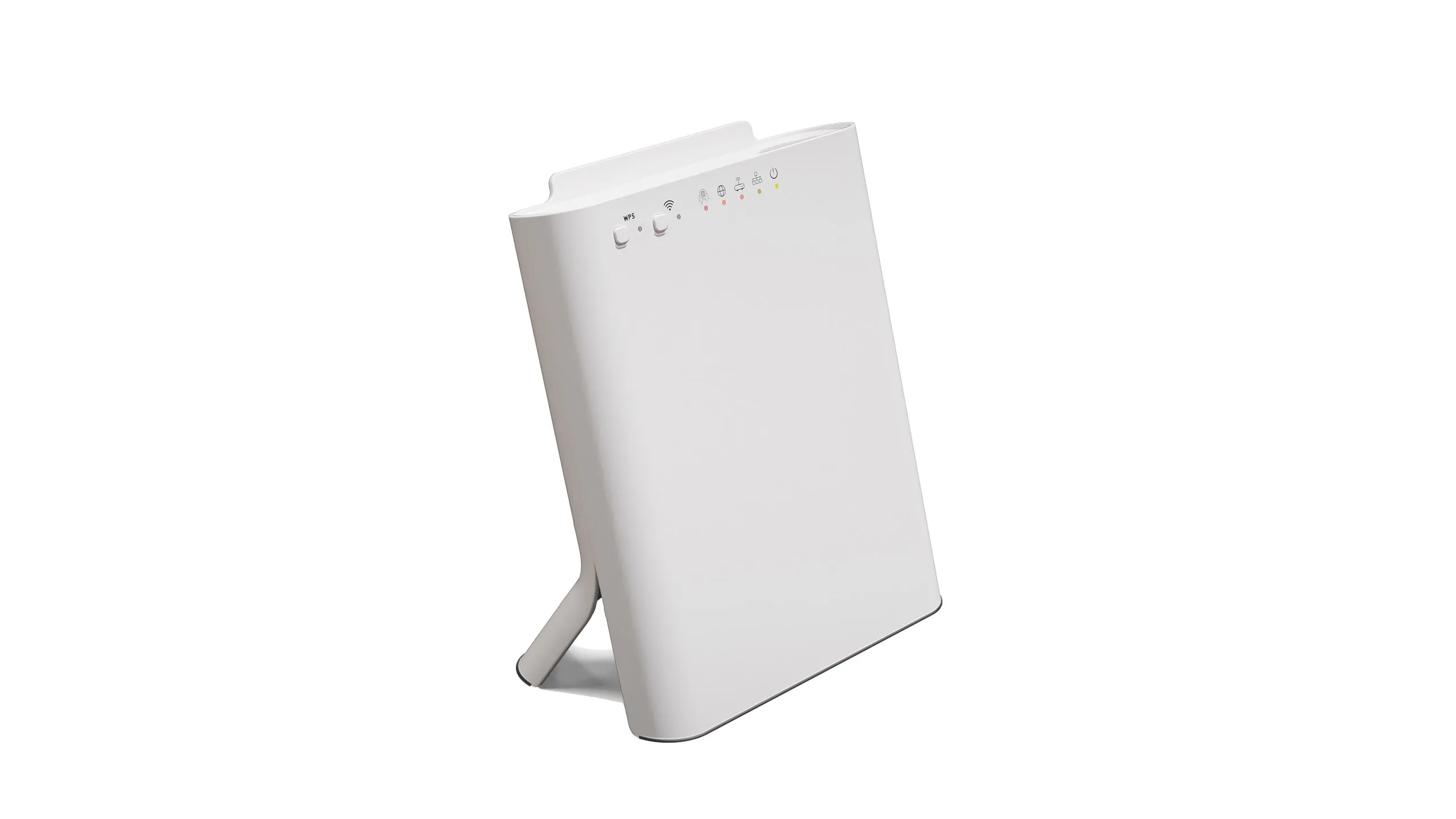 Front three-quarter render — writable front panel, WPS and Wi-Fi buttons, status icons along the top edge