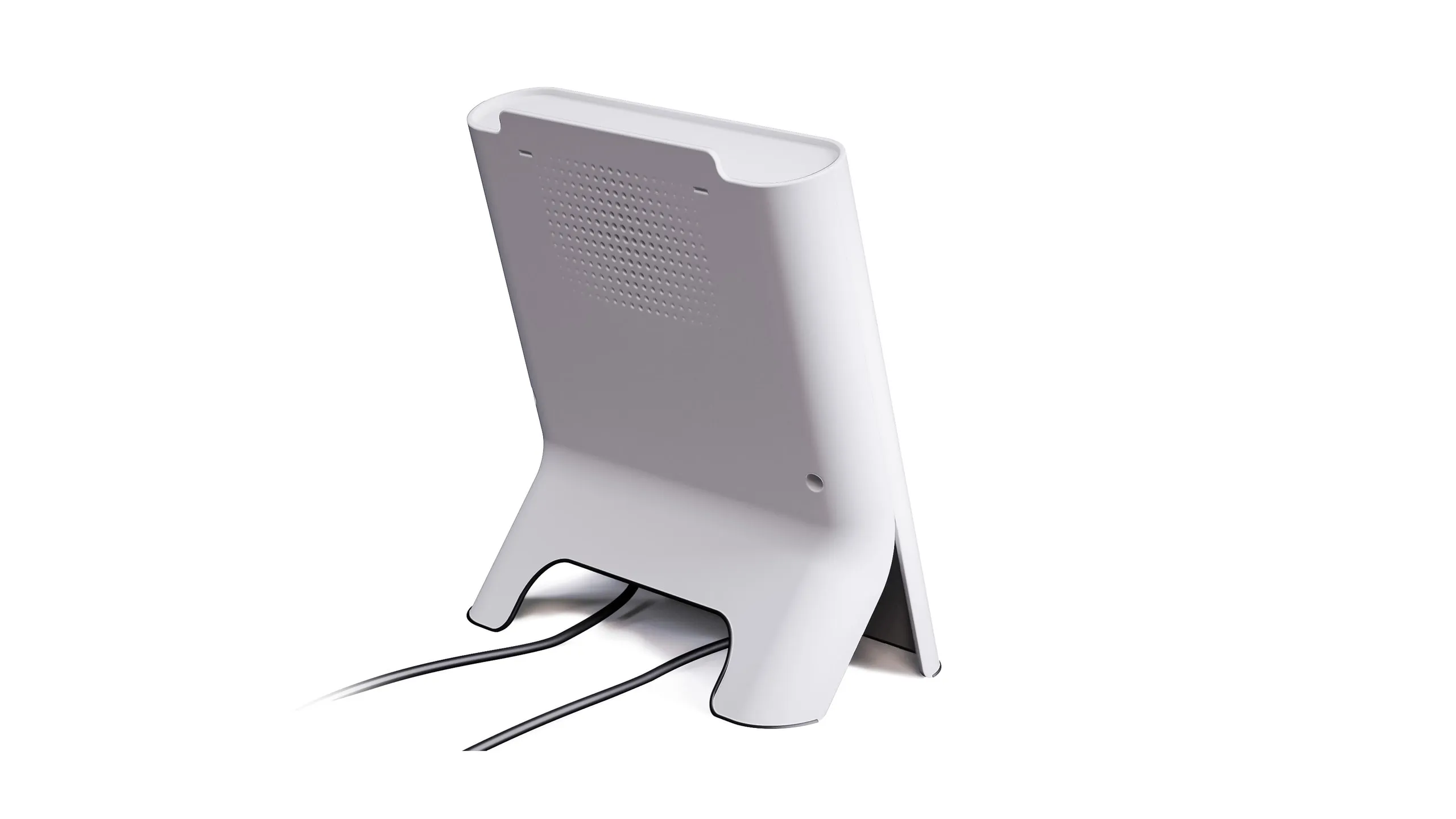 Rear three-quarter render — perforated vent field and the cable routed out through the notch in the foot