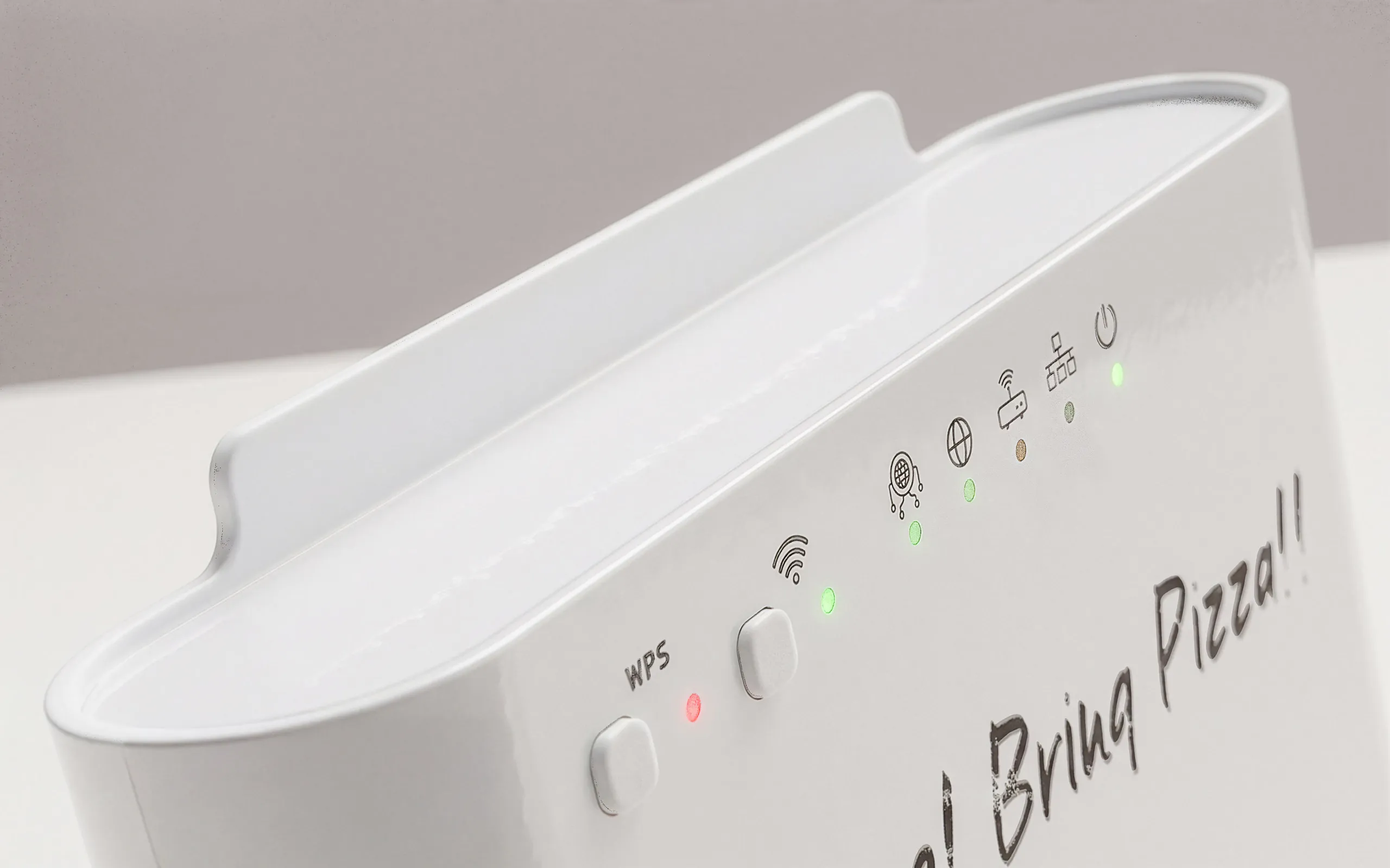 Macro of the modem's top edge — WPS and Wi-Fi buttons, the status LED row lit, and "…! Bring Pizza!!" written across the gloss face in marker