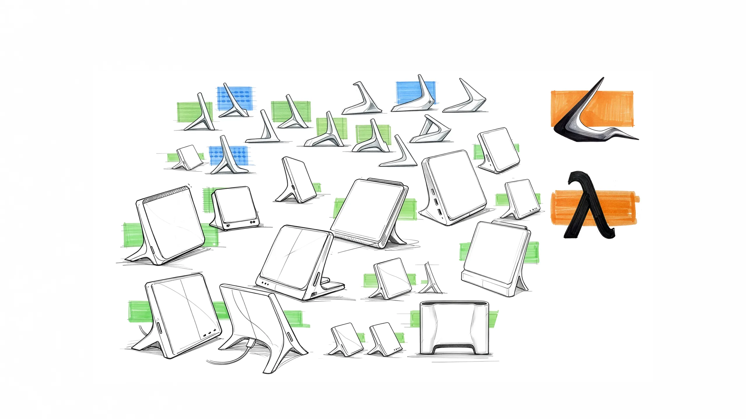 Concept sheet — dozens of marker sketches of stand geometries and folded-panel modem bodies